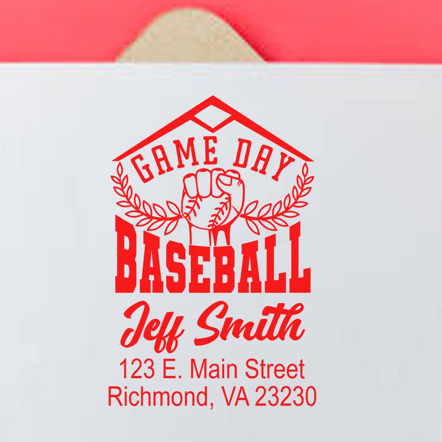 Custom return address rubber stamp for baseball fans, featuring Game Day design, name, and address for envelopes.