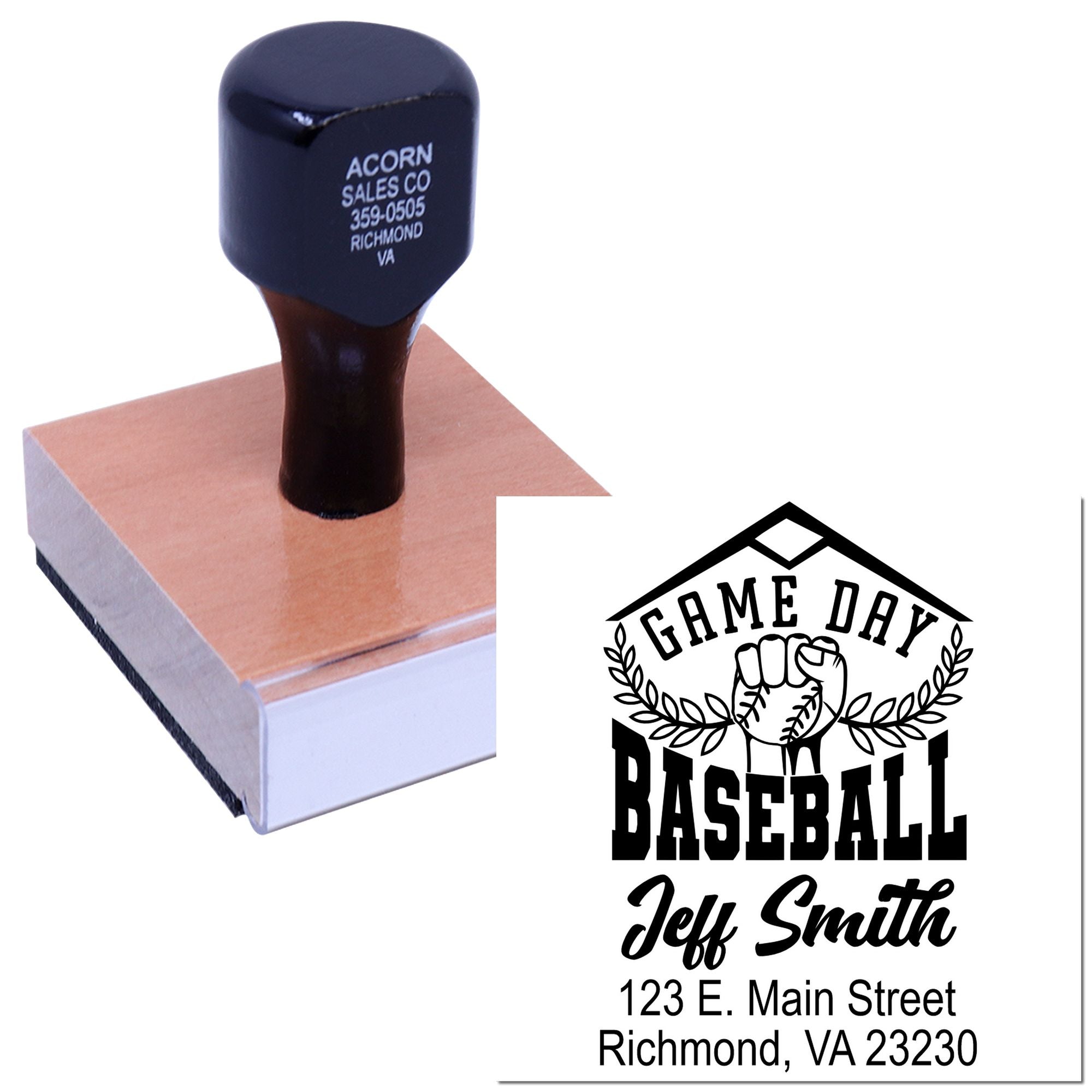 Custom baseball game day rubber stamp with personalized name and address for sports fans and team event mailings.