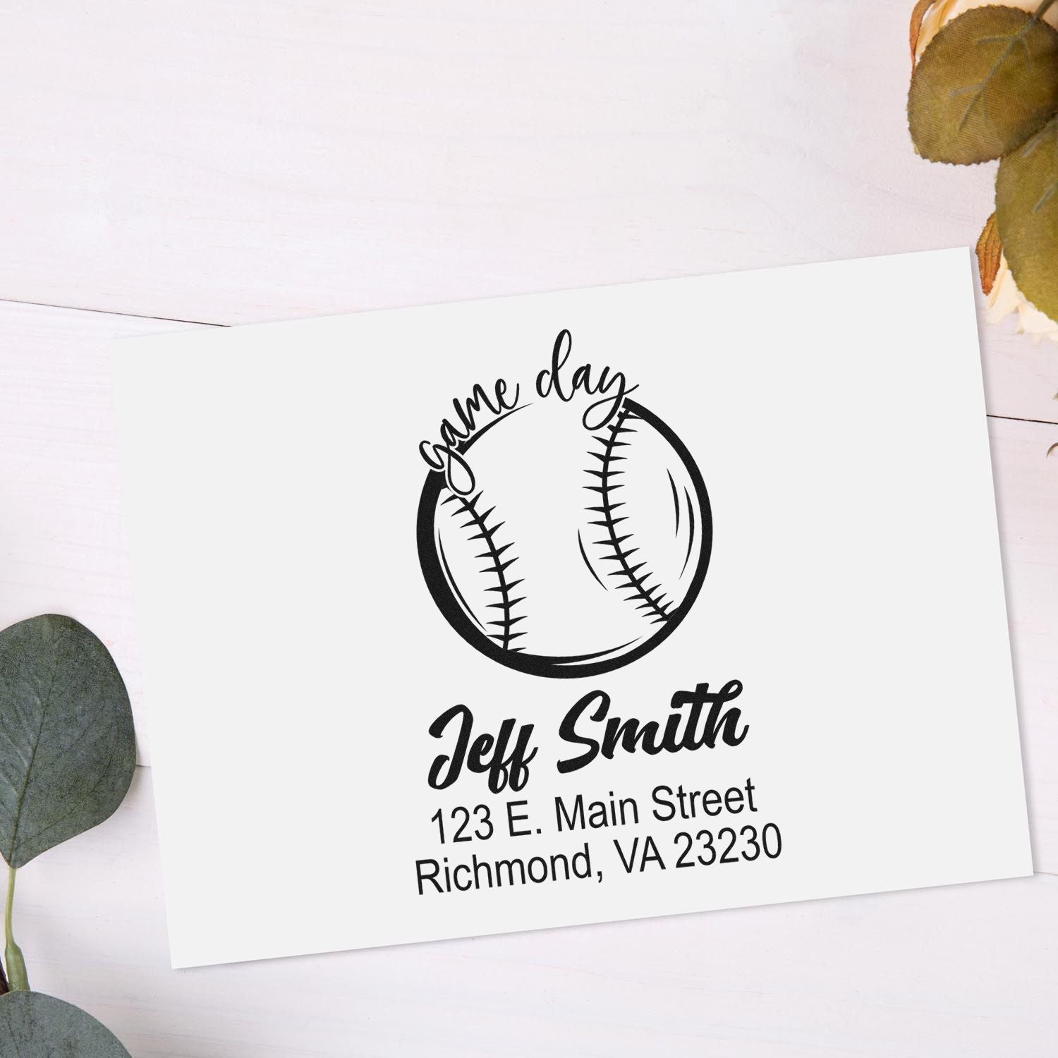 Custom baseball return address rubber stamp for personalized mail, invitations, and team-themed stationery.