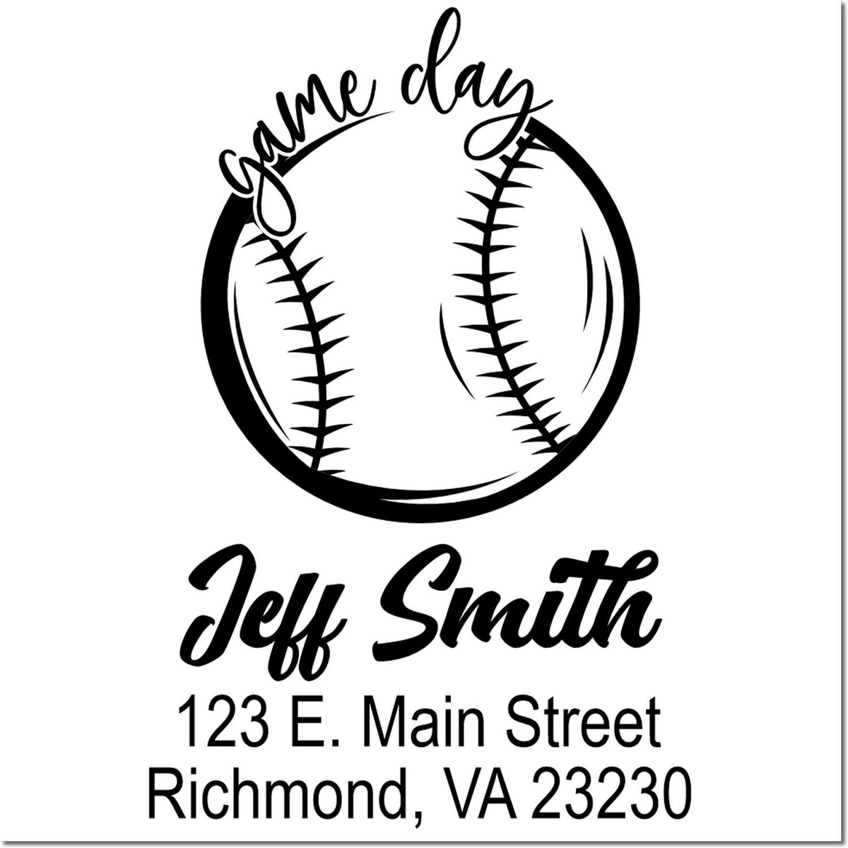 Custom baseball game day rubber stamp with Jeff Smith name and address, featuring a baseball logo.