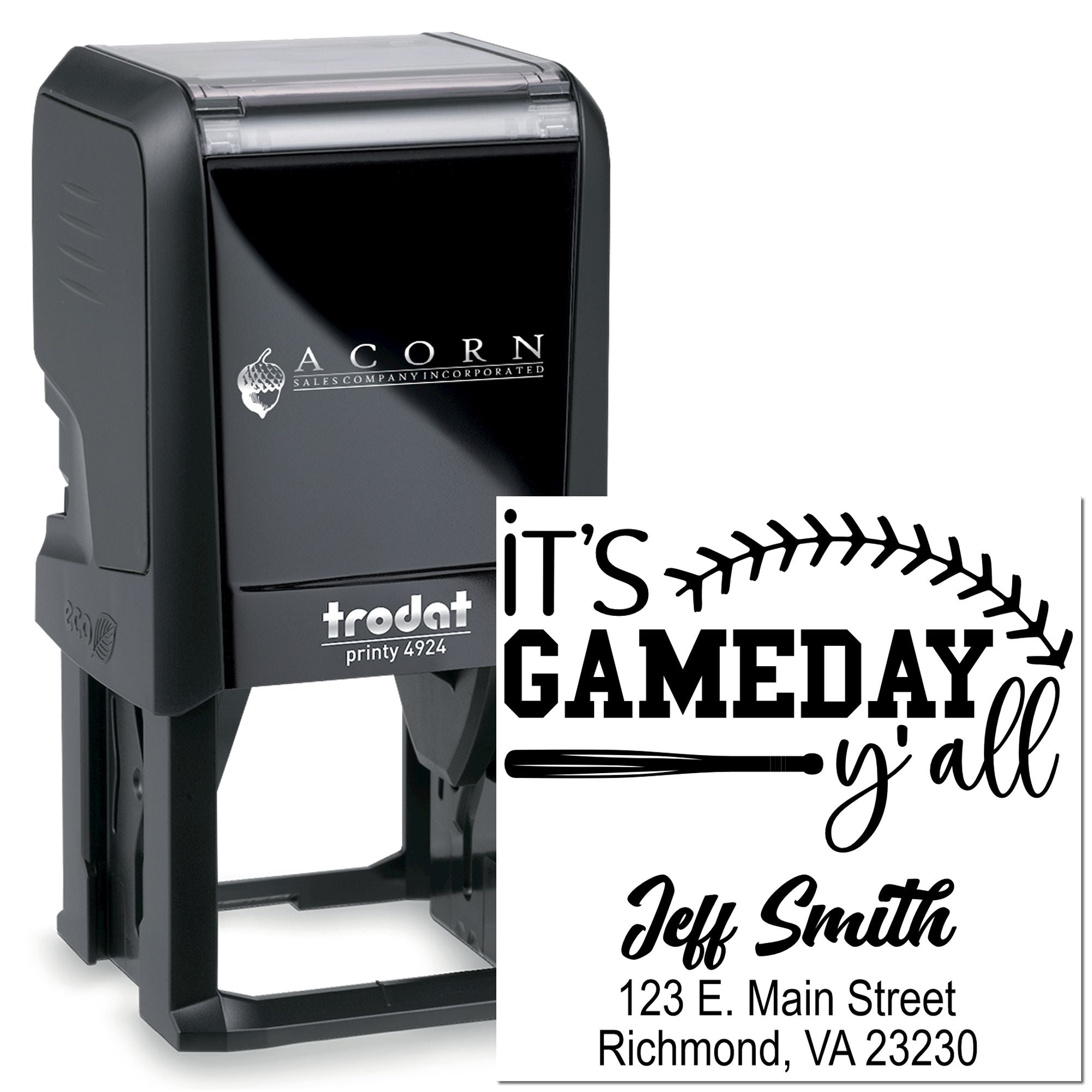 Custom self-inking rubber stamp with personalized sports-themed logo, name, and address for business branding.