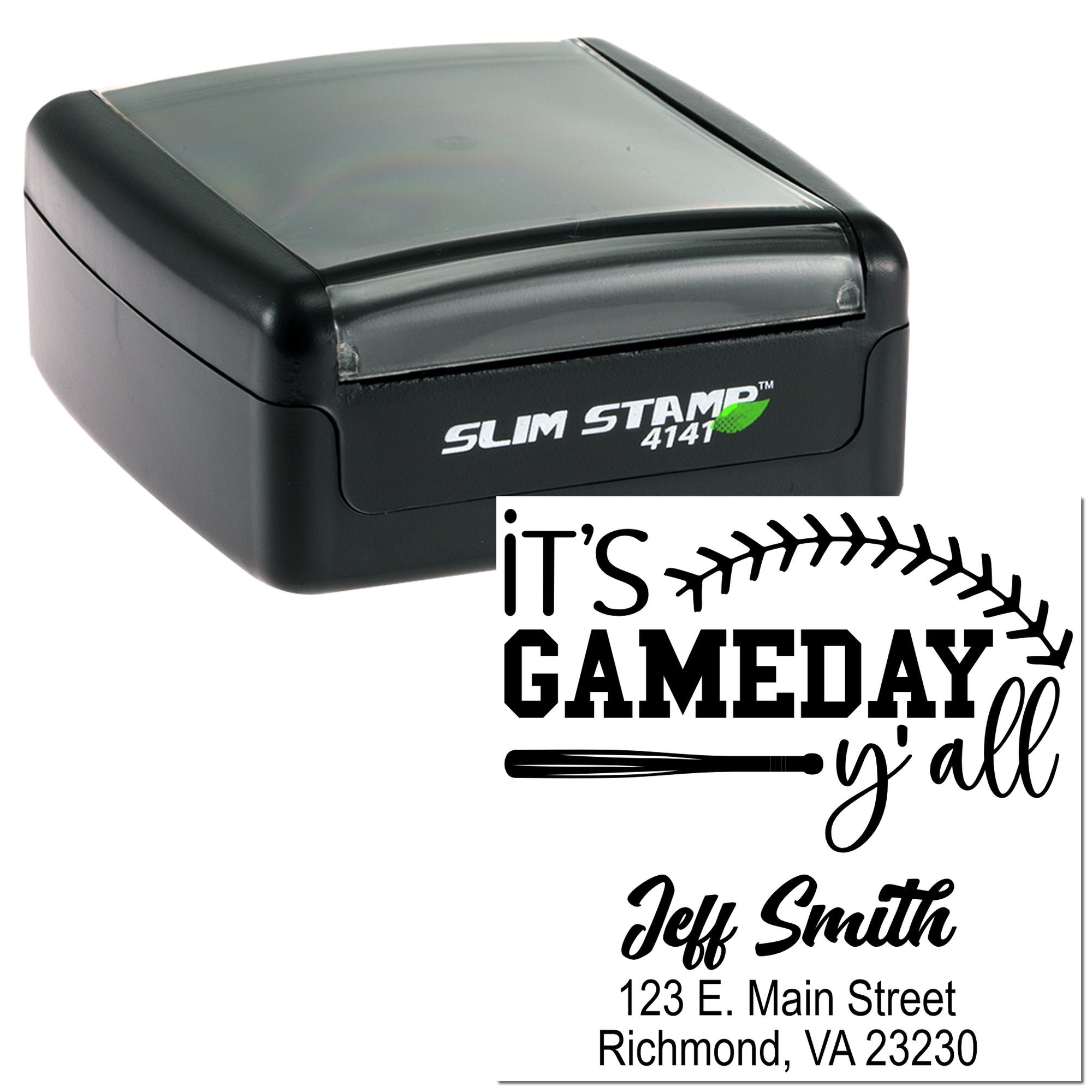 Personalized self-inking rubber stamp with baseball Its Gameday yall design and Jeff Smith return address.