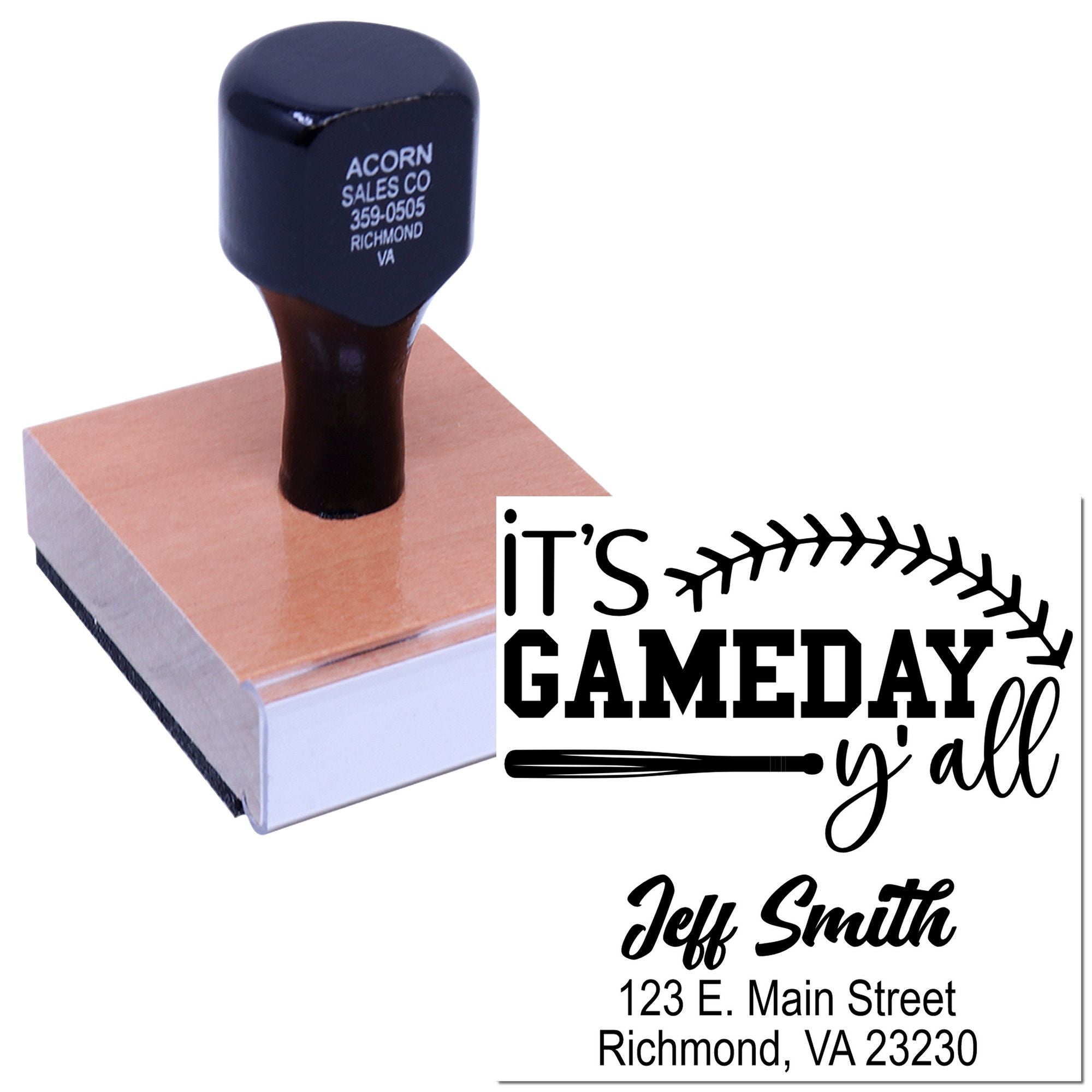 Custom self-inking rubber stamp with baseball theme, Its Gameday yall, and return address imprint for personalized mailings.
