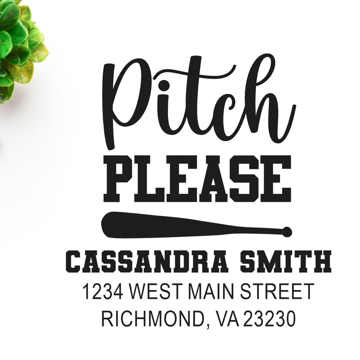 Personalized baseball return address rubber stamp with Pitch Please slogan, custom name, and Richmond, VA address.