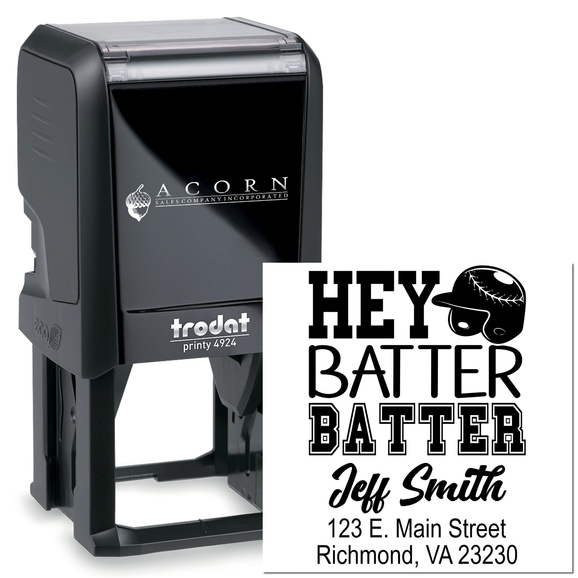 Custom self-inking rubber stamp with baseball-themed return address for Jeff Smith, Richmond, VA