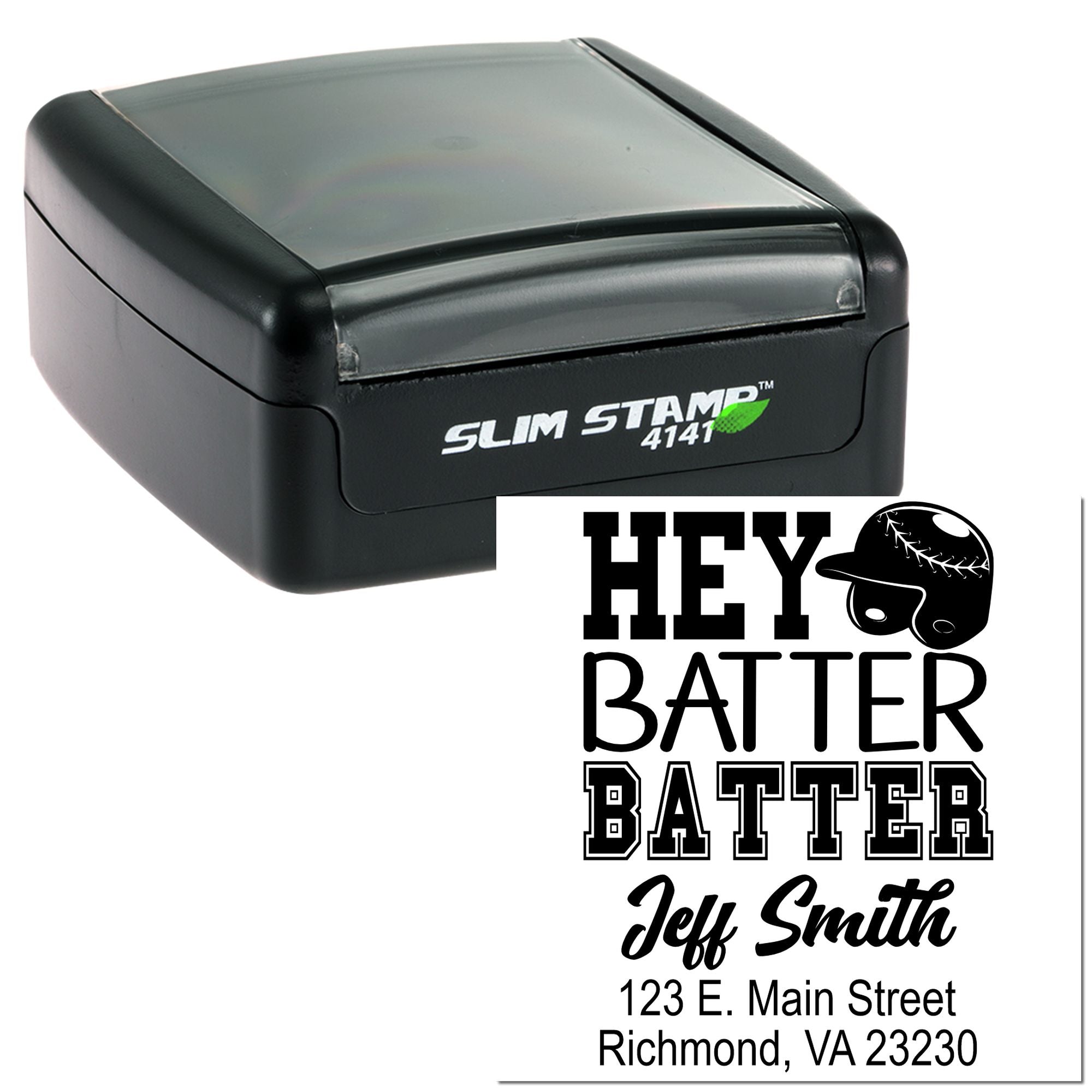 Custom baseball rubber stamp and self-inking stamp with Hey Batter Batter design, name, and address for Jeff Smith.