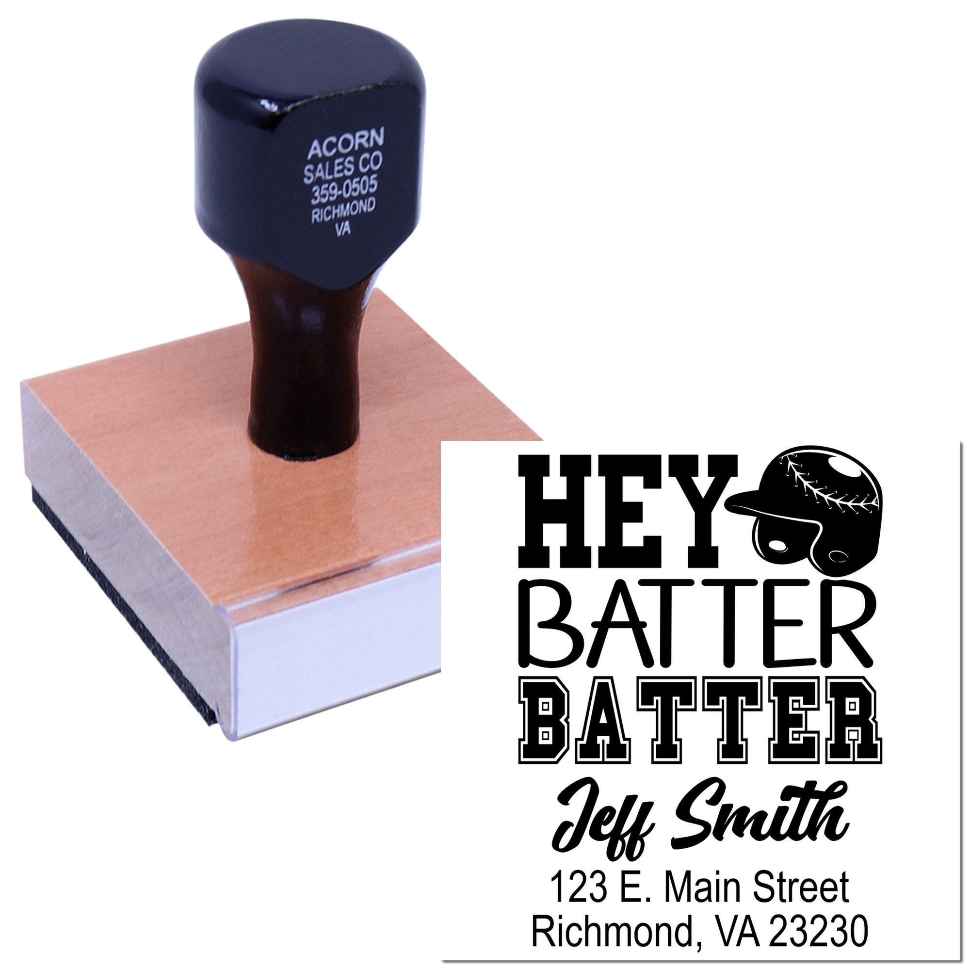 Custom baseball rubber stamp with Hey Batter Batter design, player name, and Richmond, VA address for team branding.