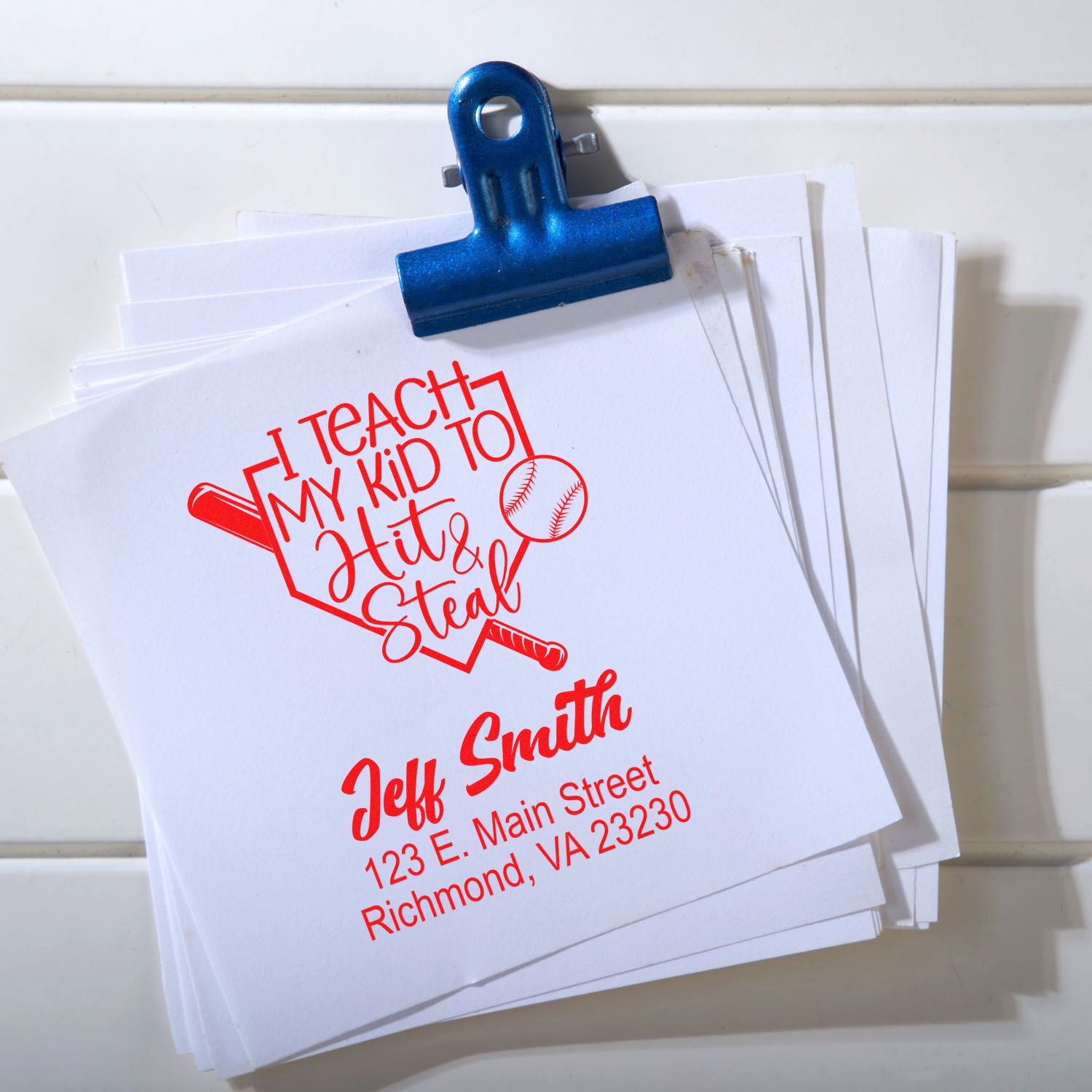 Personalized baseball teacher rubber stamp imprint on papers with name and address, perfect for custom classroom stationery and gifts