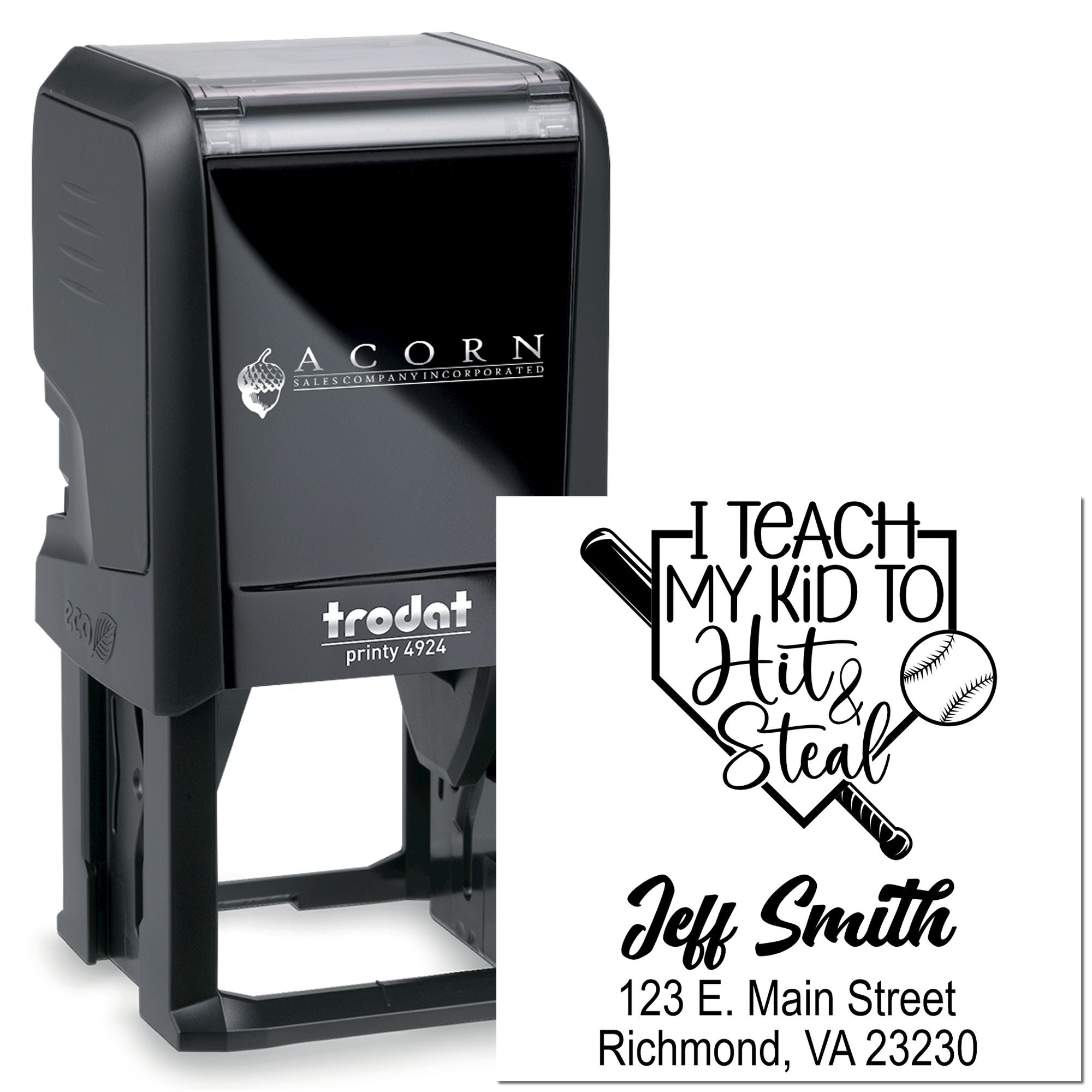 Custom self-inking rubber stamp with baseball design, name, and return address for personalized mail and business use.