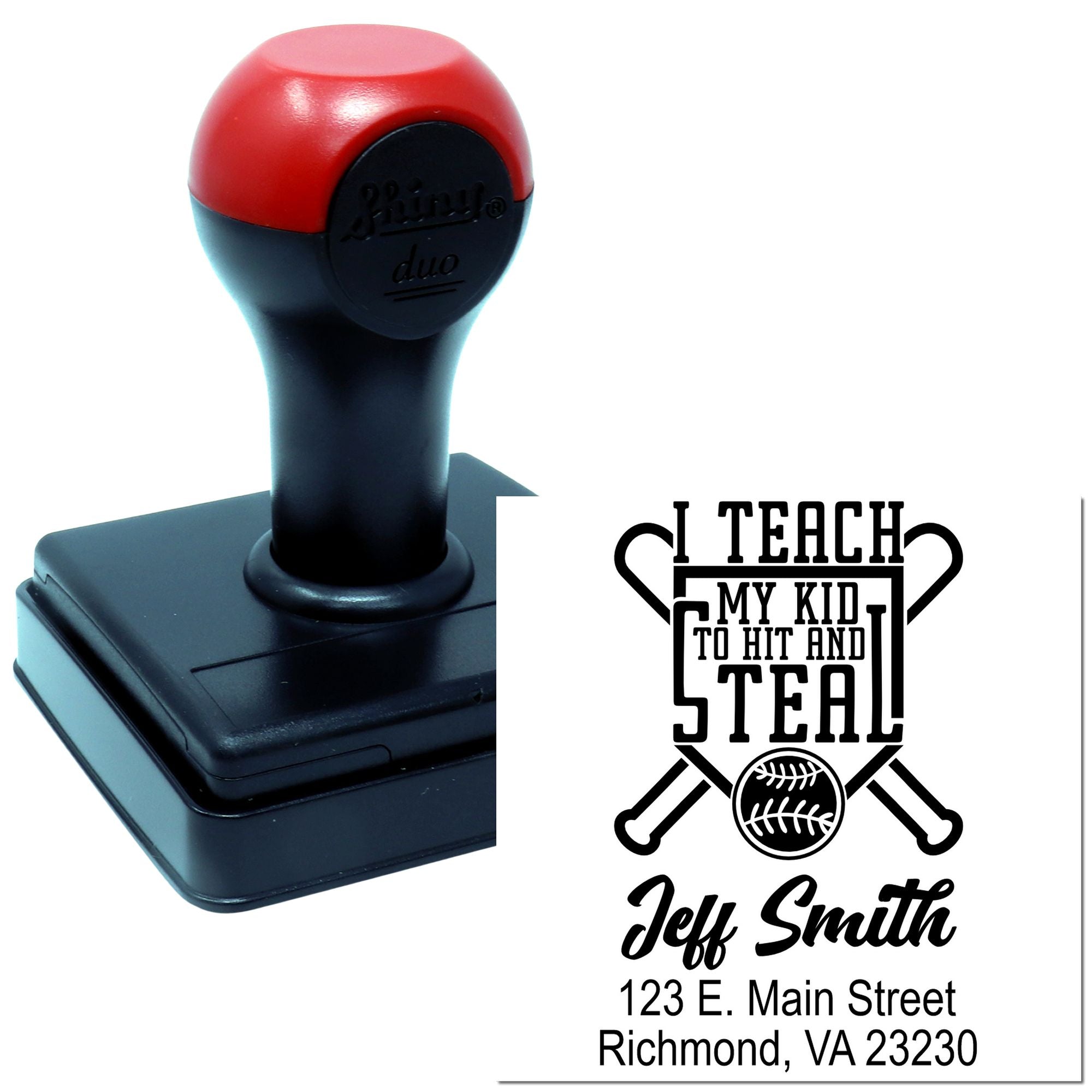Custom self-inking rubber stamp with baseball-themed teacher joke imprint, personalized with Jeff Smith name and address.