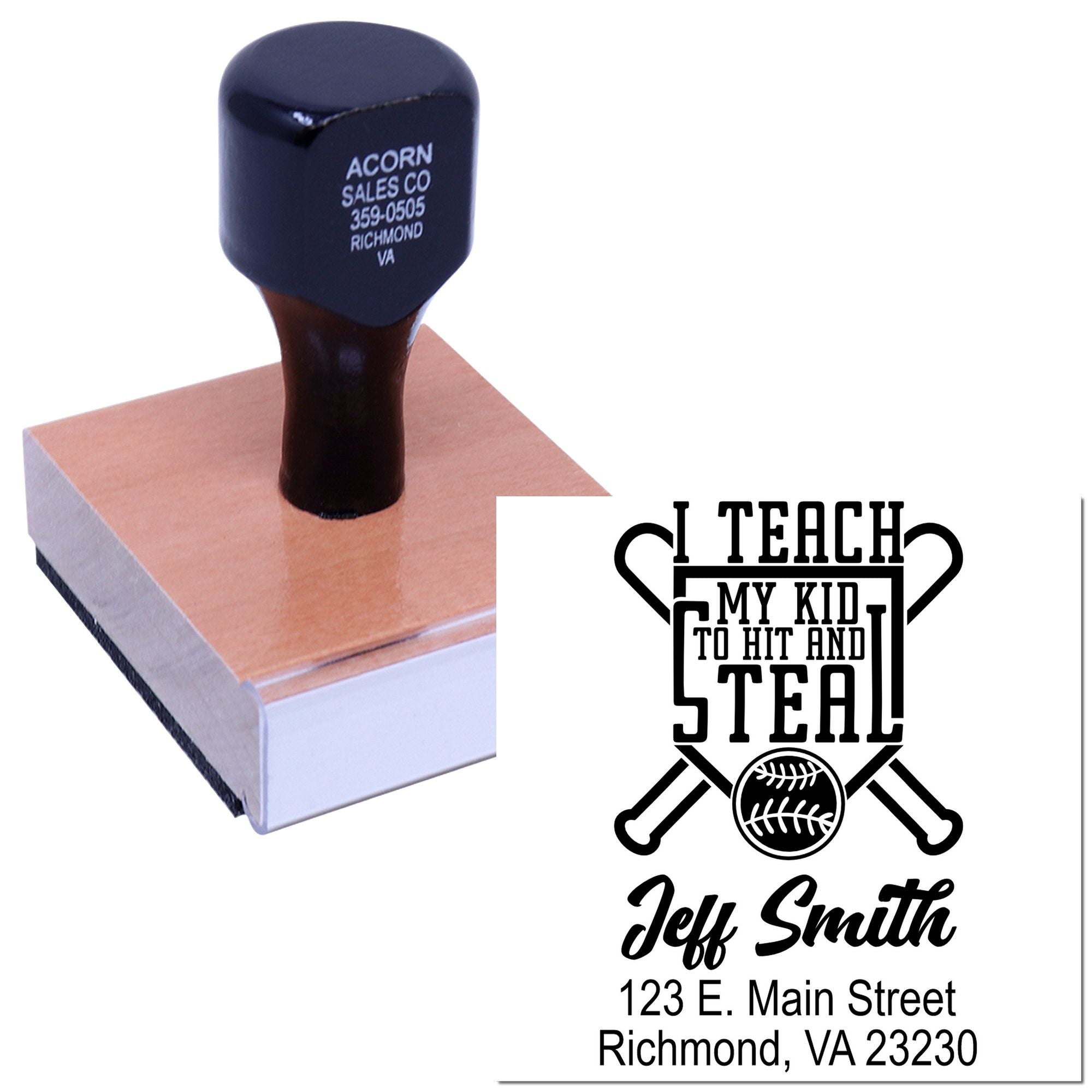 Custom baseball coach rubber stamp with personalized Teach My Kid to Hit and Steal name and address design