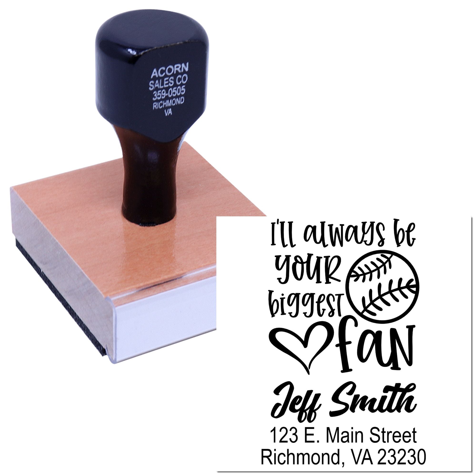 Personalized self-inking rubber stamp with baseball fan design reading Ill always be your biggest fan for custom rubber stamp gifts.