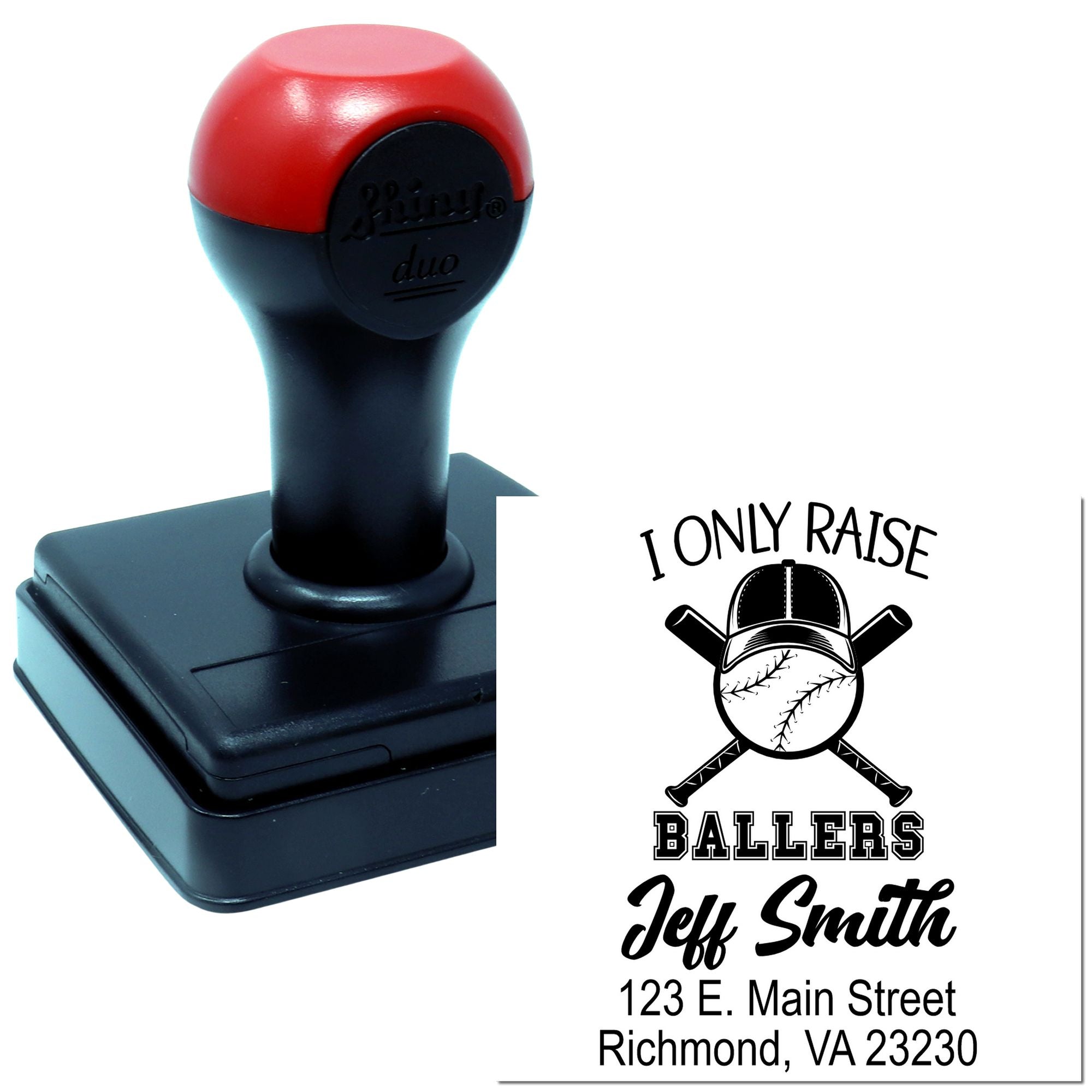 Custom self-inking baseball rubber stamp with personalized name and address imprint for fans, teams, and business branding.