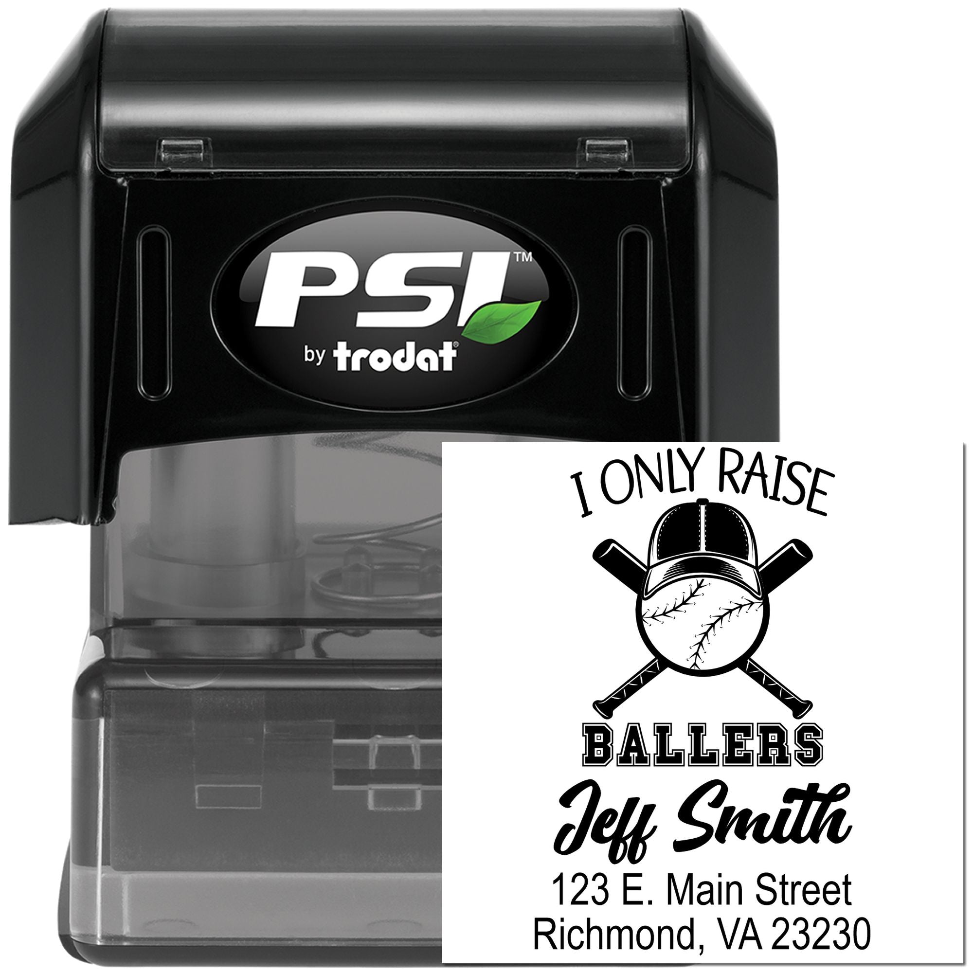 PSI by Trodat custom self-inking rubber stamp with baseball design, I Only Raise Ballers text, name, and address.
