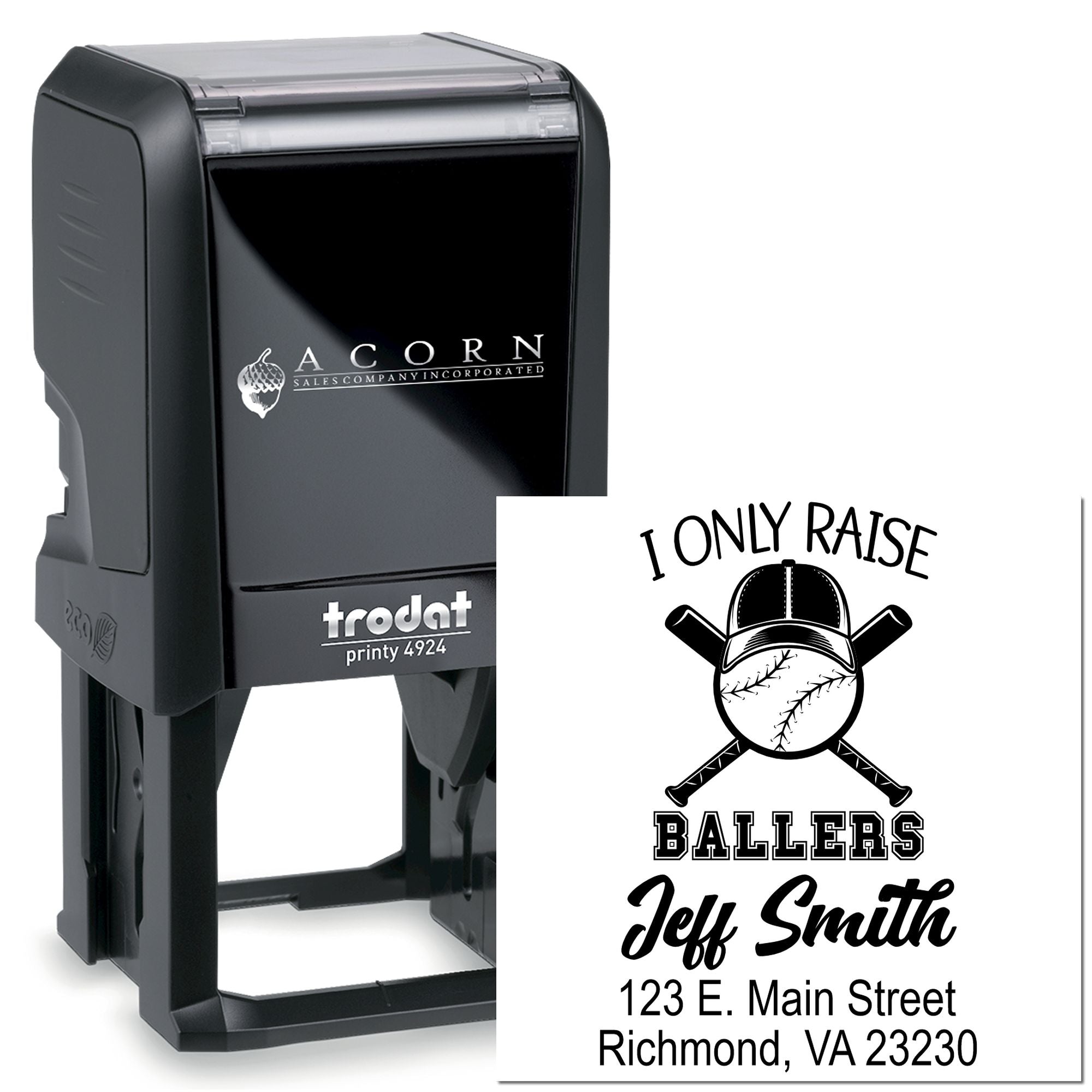 Custom self-inking baseball rubber stamp with name and address, ideal for personalized mailing and sports-themed branding.