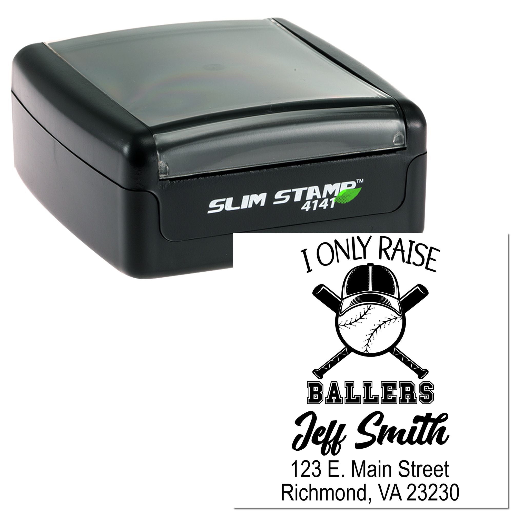 Custom self-inking baseball rubber stamp with personalized return address and team logo design