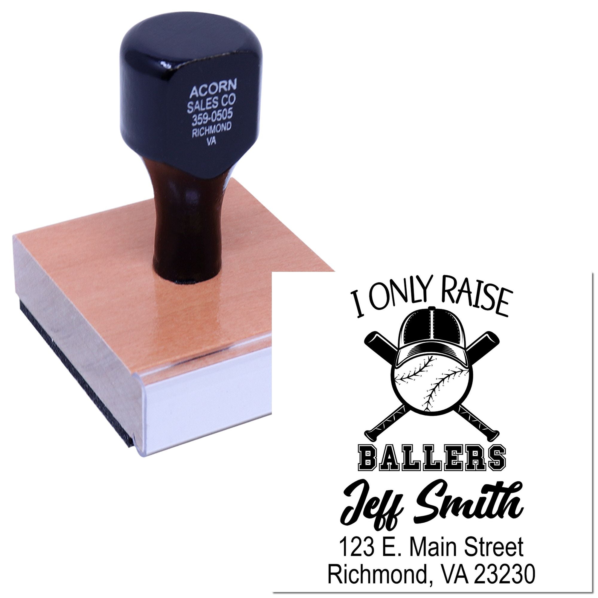 Custom baseball rubber stamp with I Only Raise Ballers design and personalized address for coaches, teams, and fans.