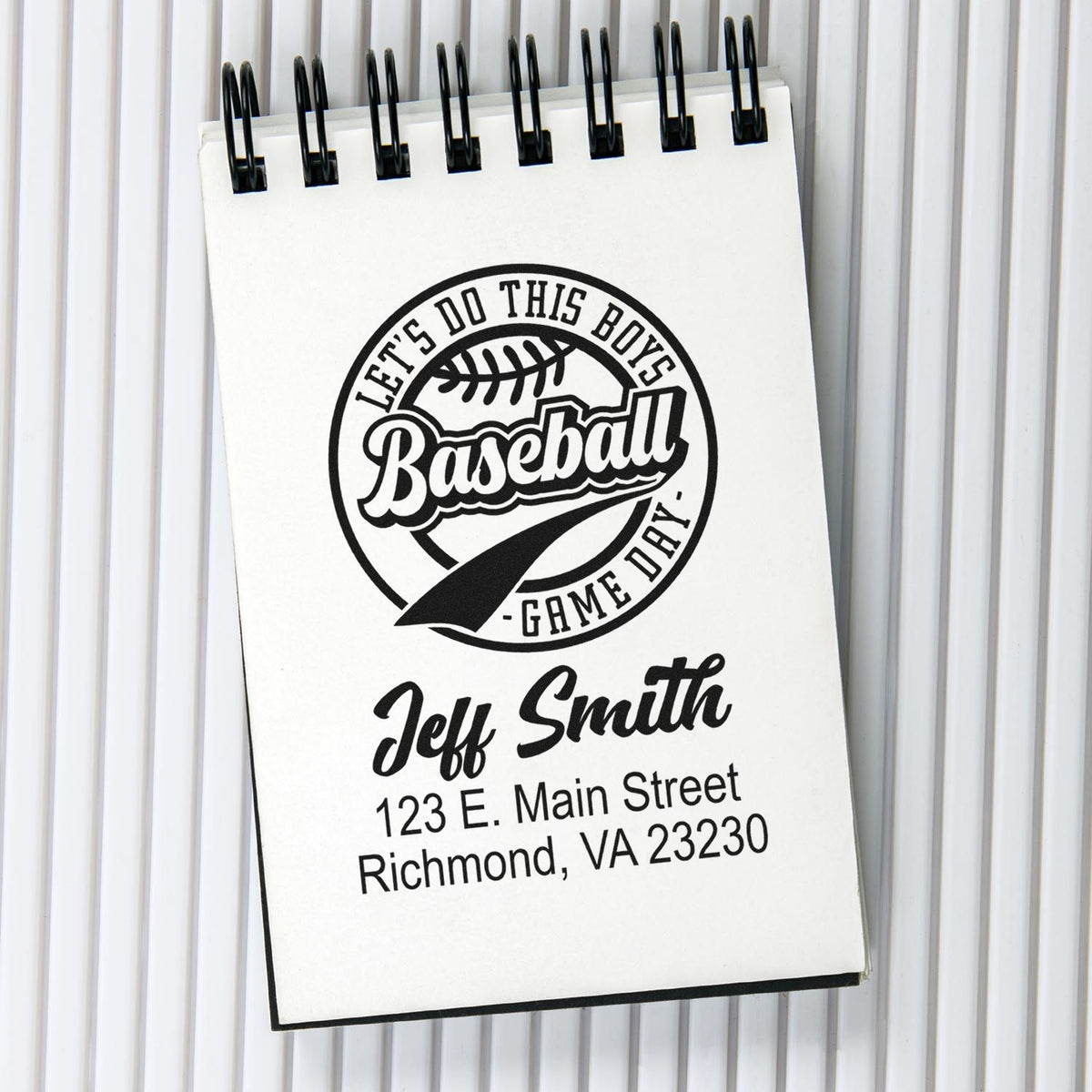 Personalized baseball rubber stamp design with name and address, ideal for game day stationery, team mailers, and invites.