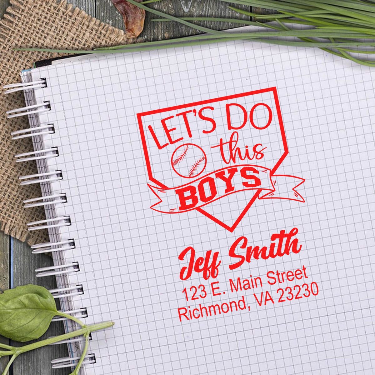 Custom baseball rubber stamp with personalized name and address, featuring "Lets Do This Boys" team slogan.