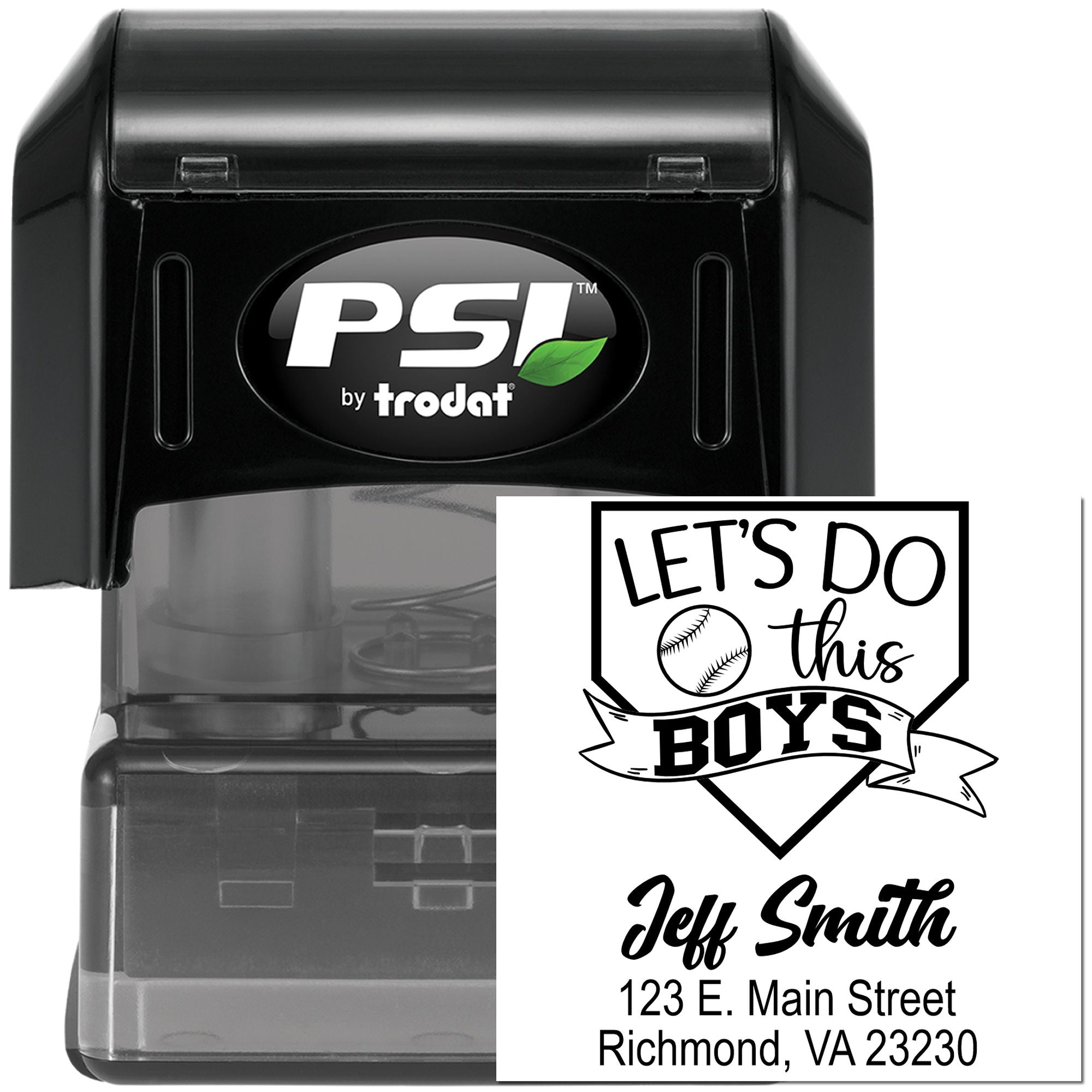 Custom self-inking rubber stamp for baseball teams, featuring Lets Do This Boys and personalized name and address.