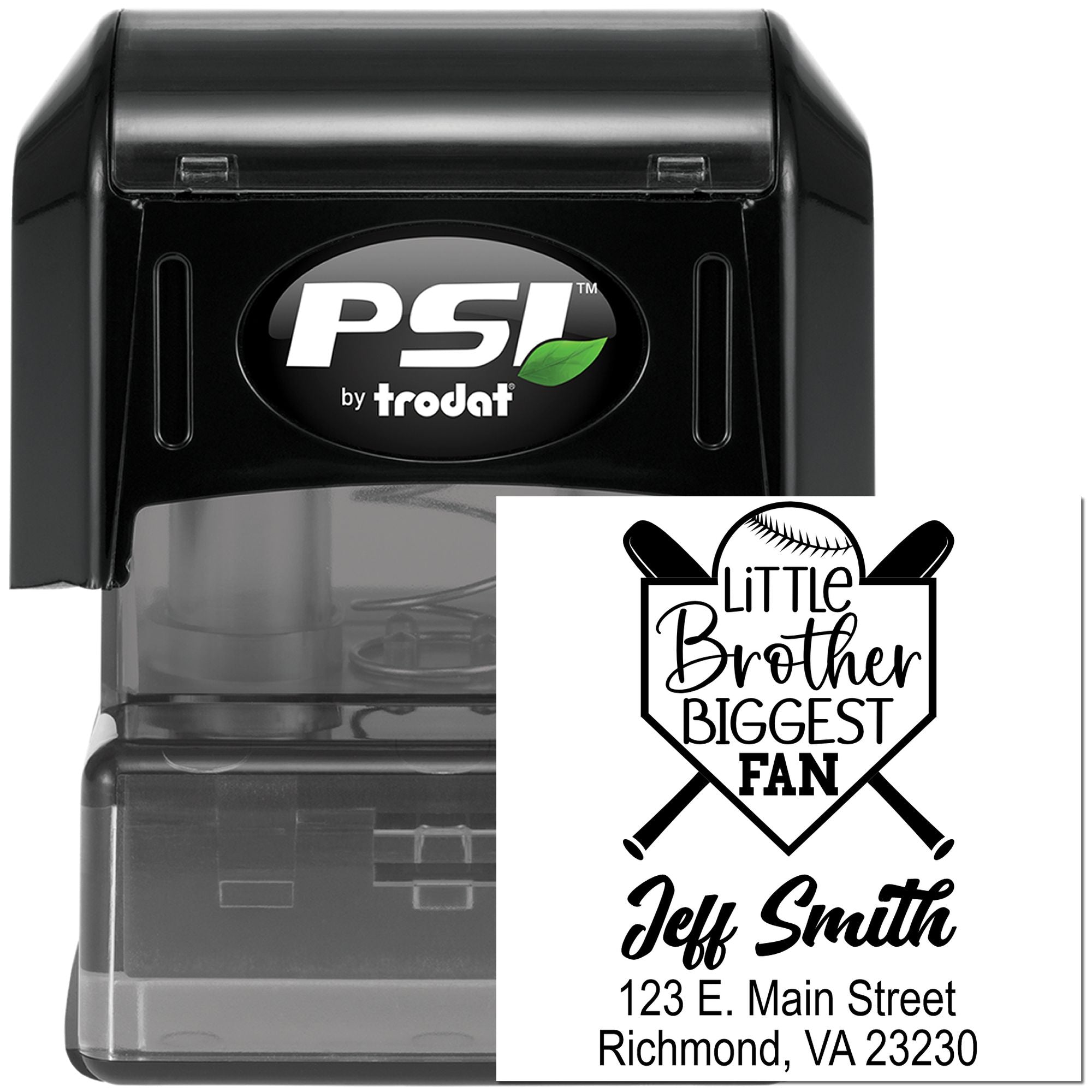 Custom self-inking rubber stamp with baseball-themed Little Brother Biggest Fan return address design by PSI Trodat.