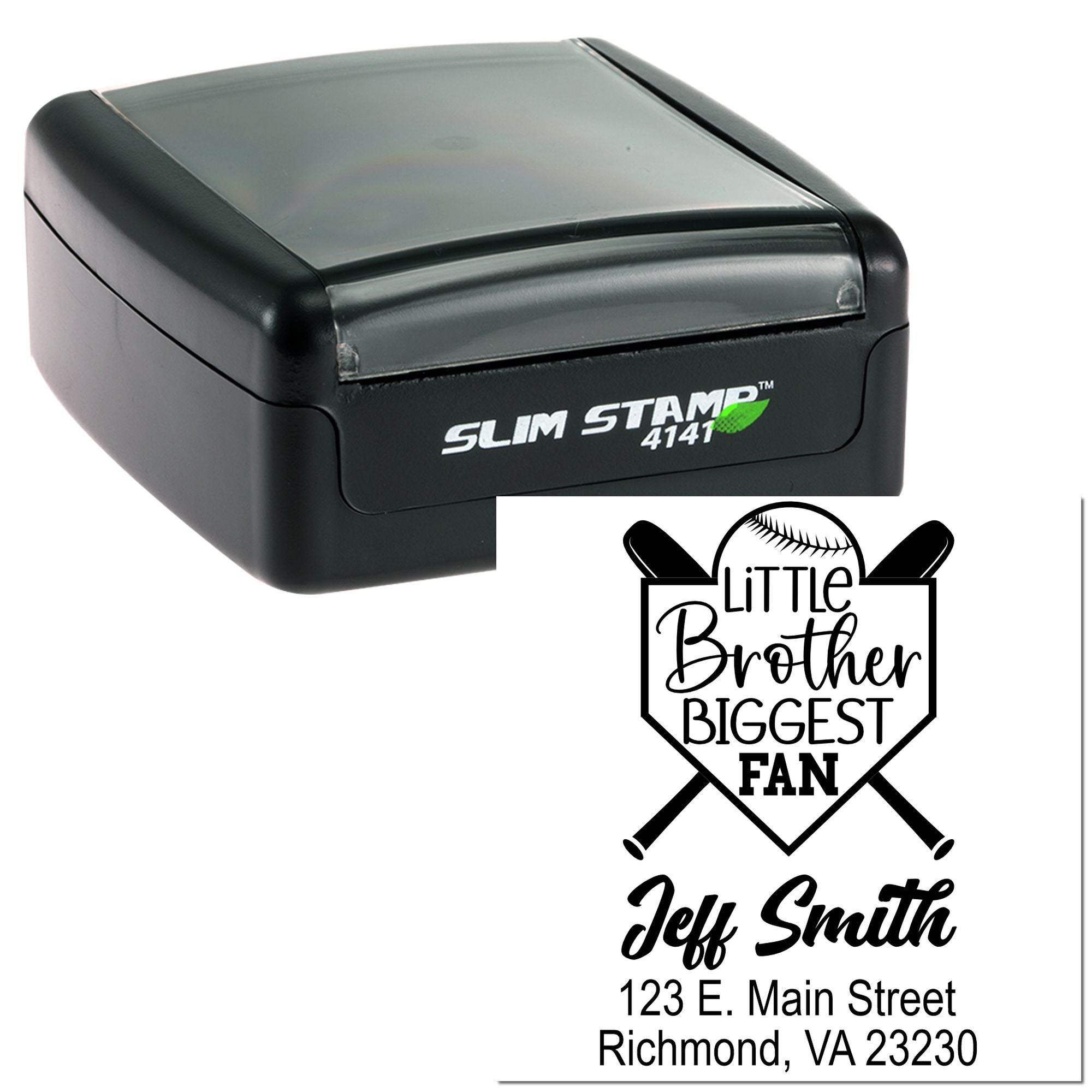Personalized self-inking rubber stamp for baseball fans, featuring Little Brother Biggest Fan design with name and address.