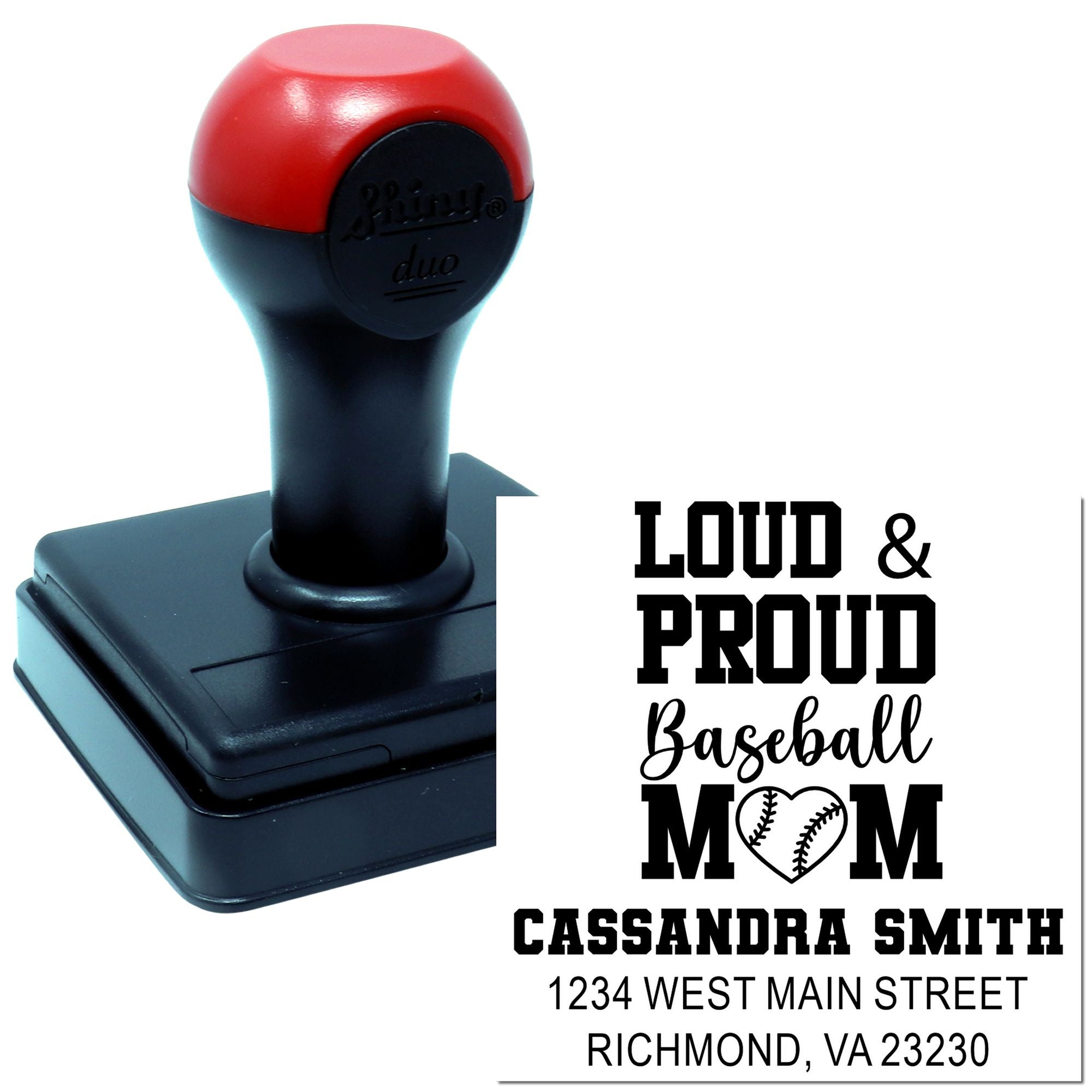 Custom self-inking rubber stamp with Loud & Proud Baseball Mom design, personalized name and address imprint for cards, labels, and gifts.