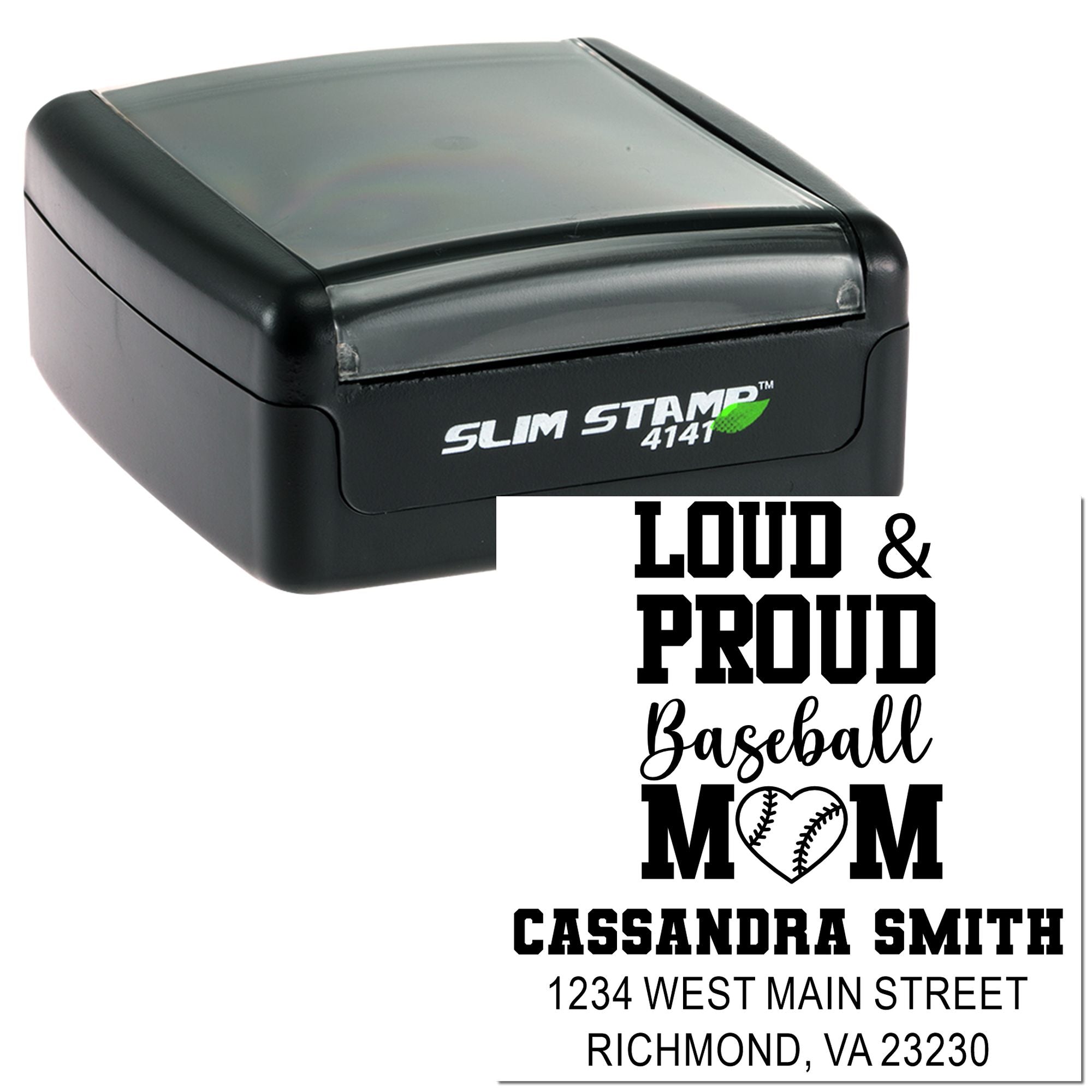 Custom self-inking rubber stamp for baseball mom return address, featuring a Loud & Proud Baseball Mom design and personalized address.