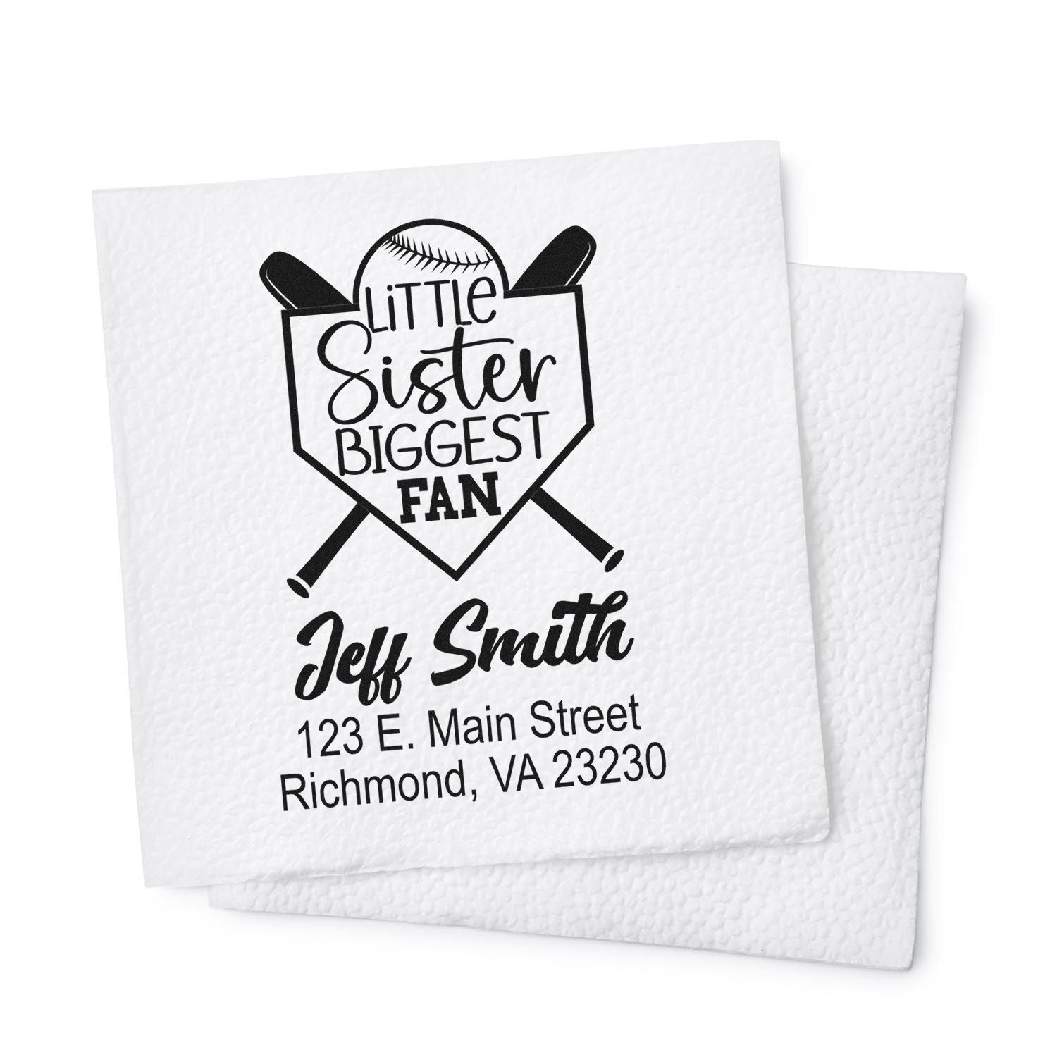 Personalized Little Sister Biggest Fan baseball rubber stamp with name and address for custom return address or gift card use