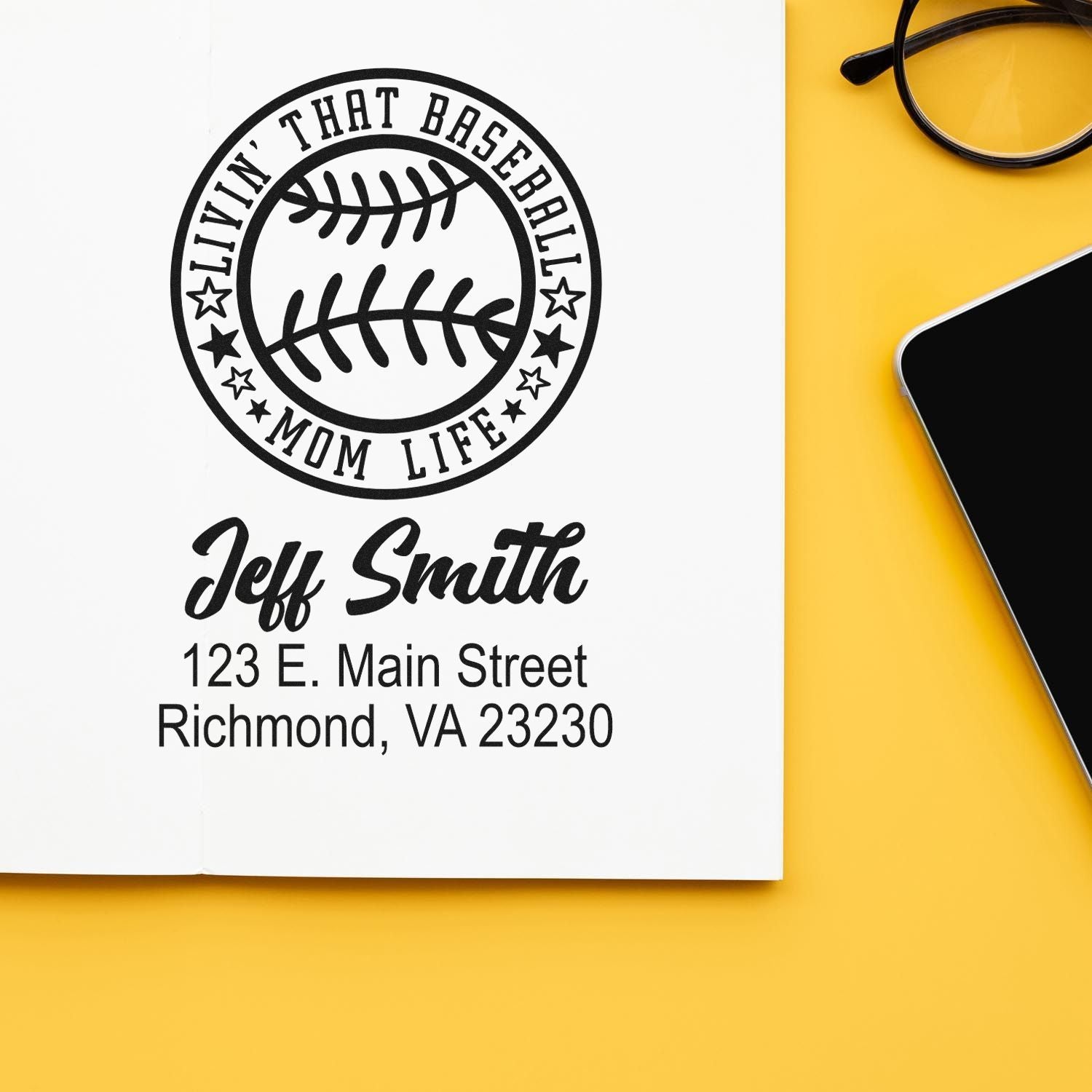 Custom baseball mom address rubber stamp with name and Richmond, VA address for personalized stationery.