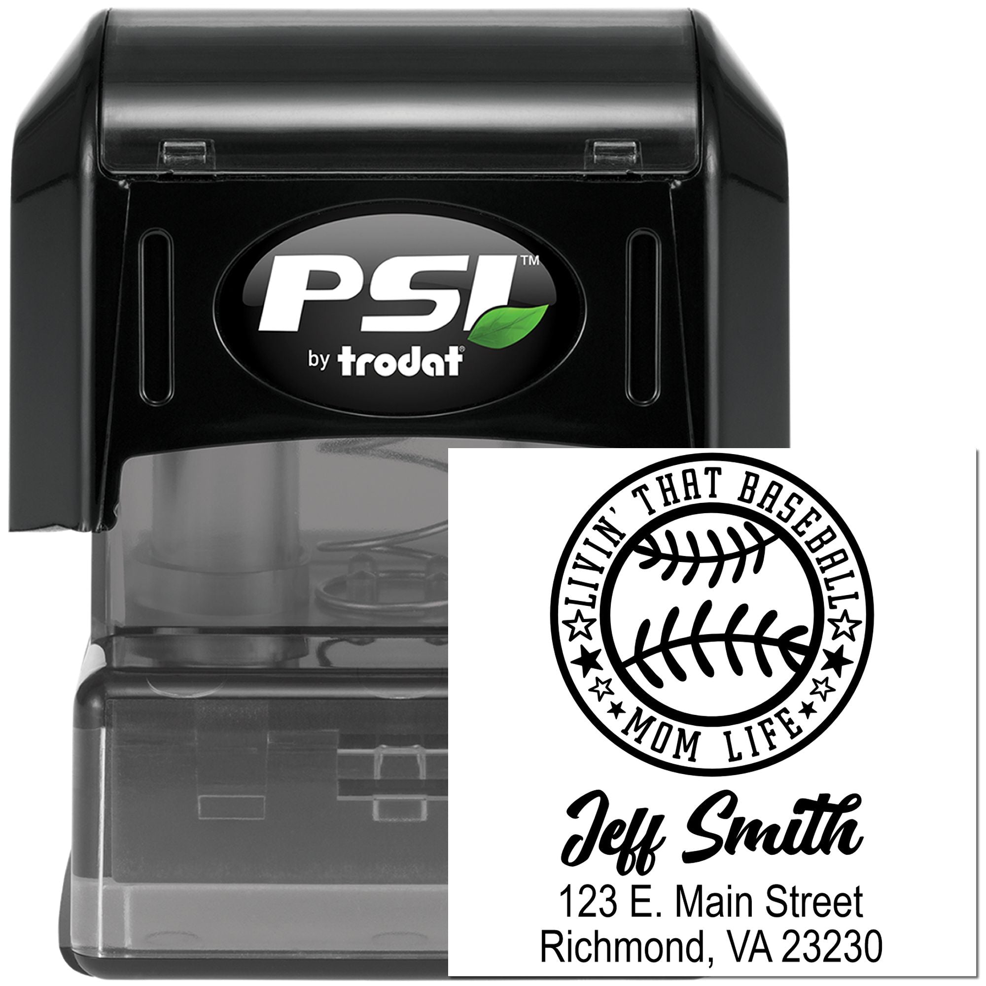 Custom self-inking rubber address stamp with baseball mom design, ideal for personalized return address labels.