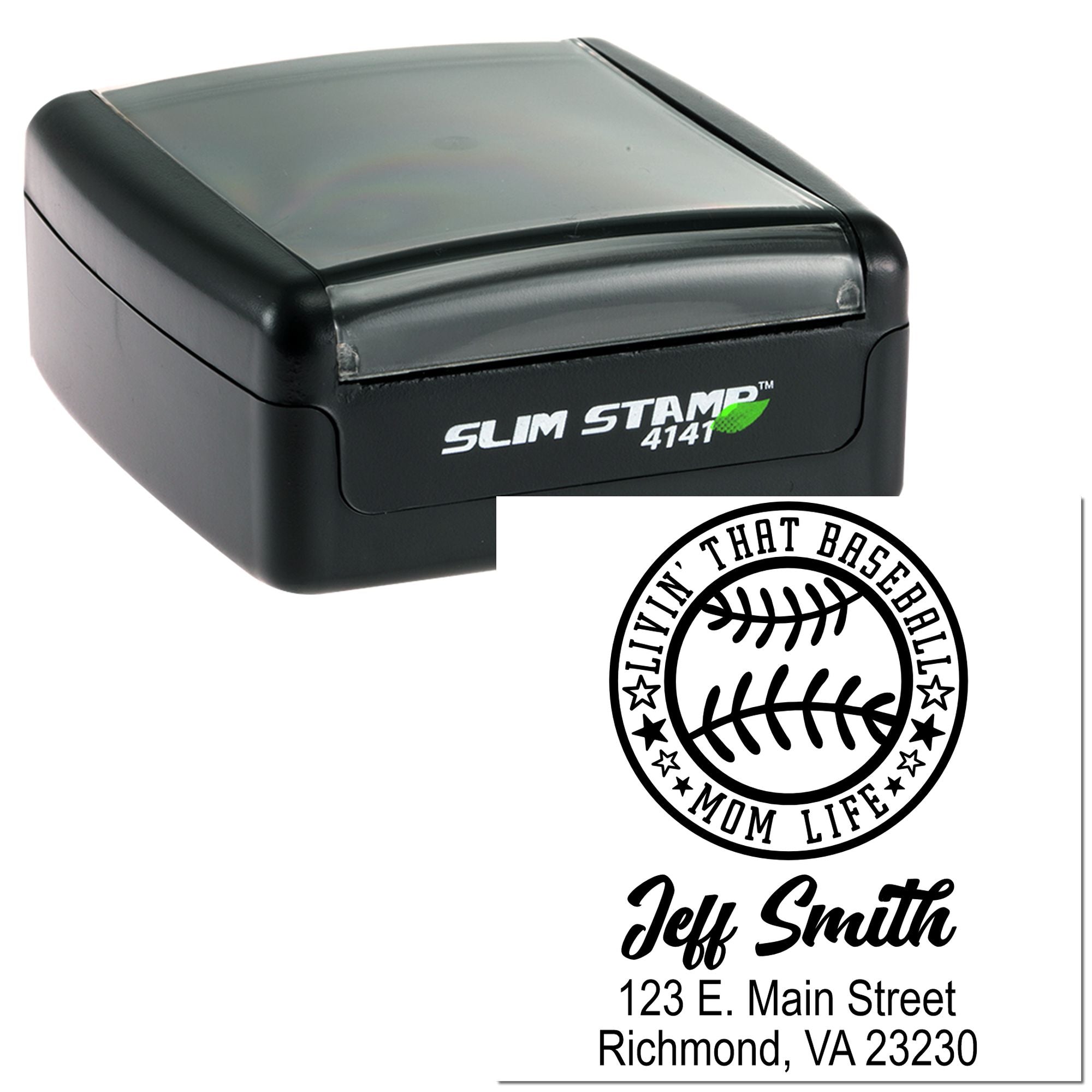 Custom self-inking rubber stamp with baseball mom logo, name, and address for personalized envelopes.