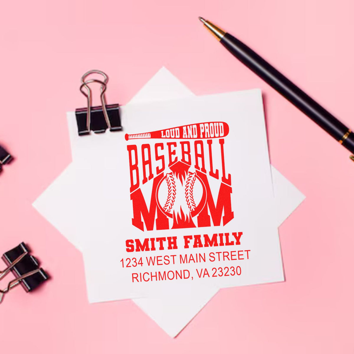 Custom baseball mom address rubber stamp mockup with Smith family name and Richmond, VA address on paper with office clips.