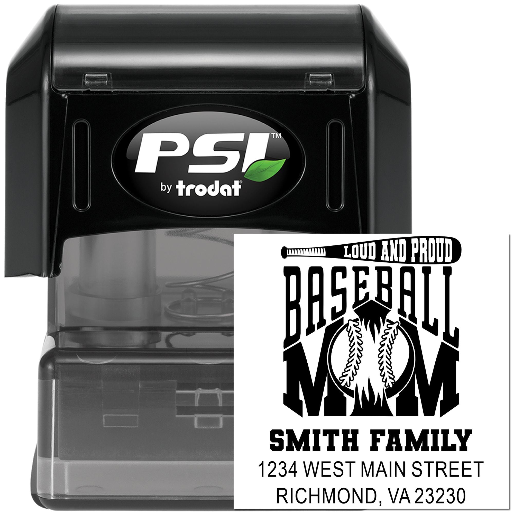PSI by Trodat self-inking rubber stamp with custom baseball mom family address design for personalized mailing.