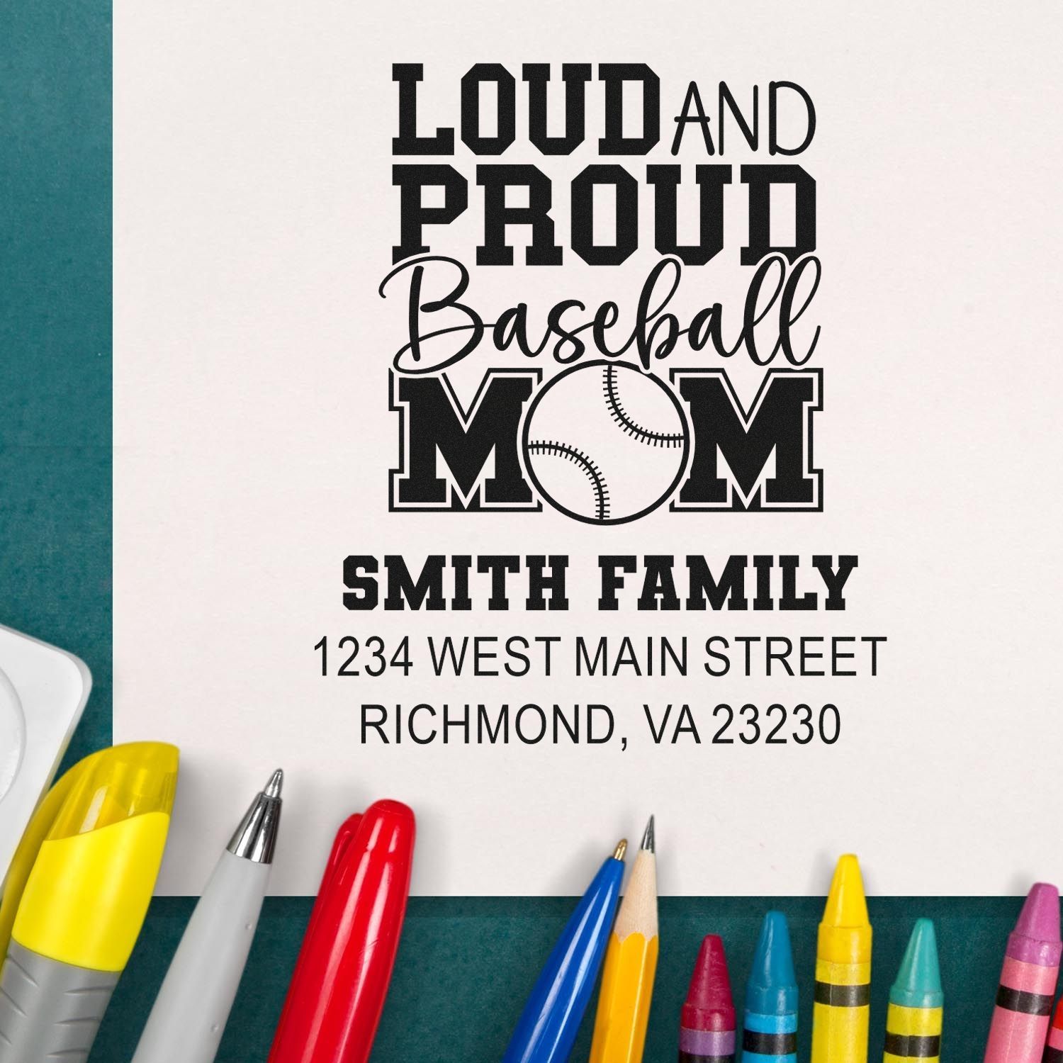 Custom baseball mom address rubber stamp featuring Loud and Proud text, baseball graphic, family name, and address.