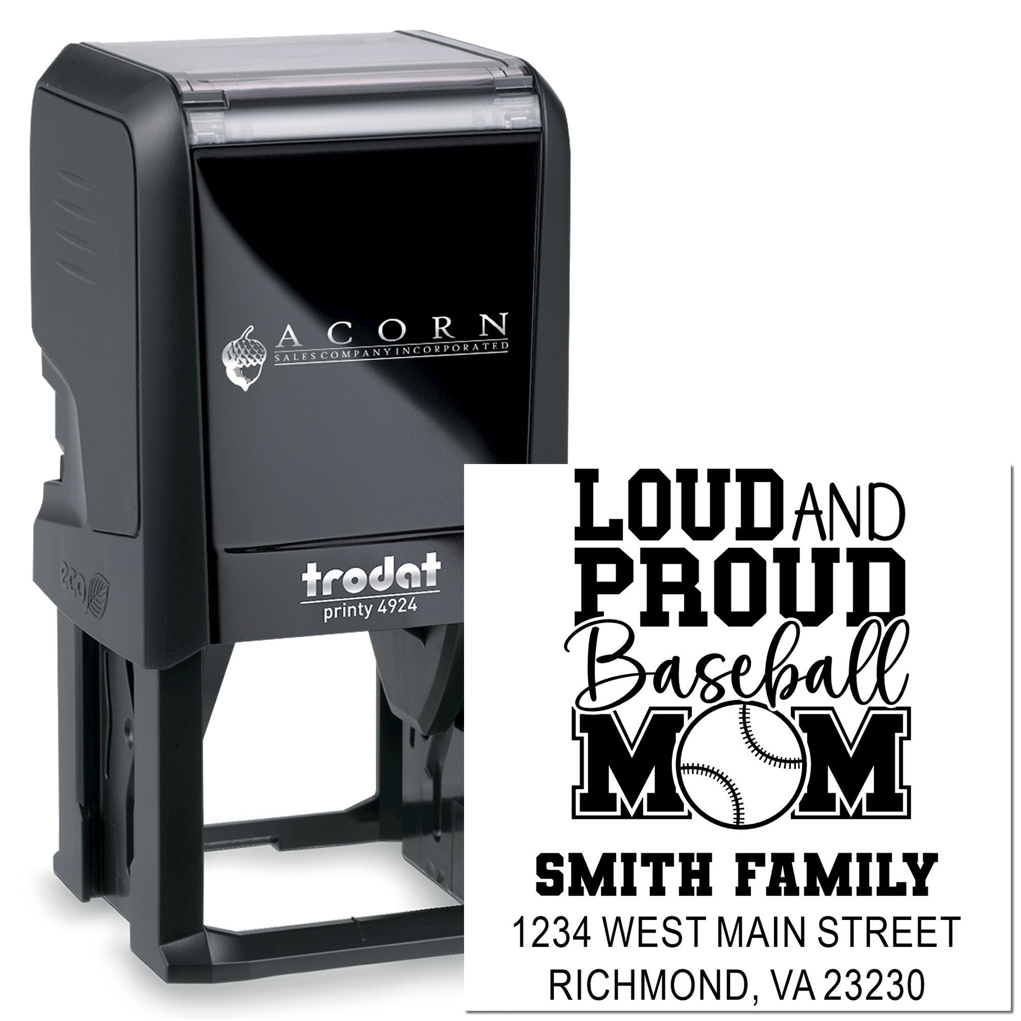 Custom self-inking rubber stamp for baseball mom return address, featuring a Loud and Proud Smith family design.