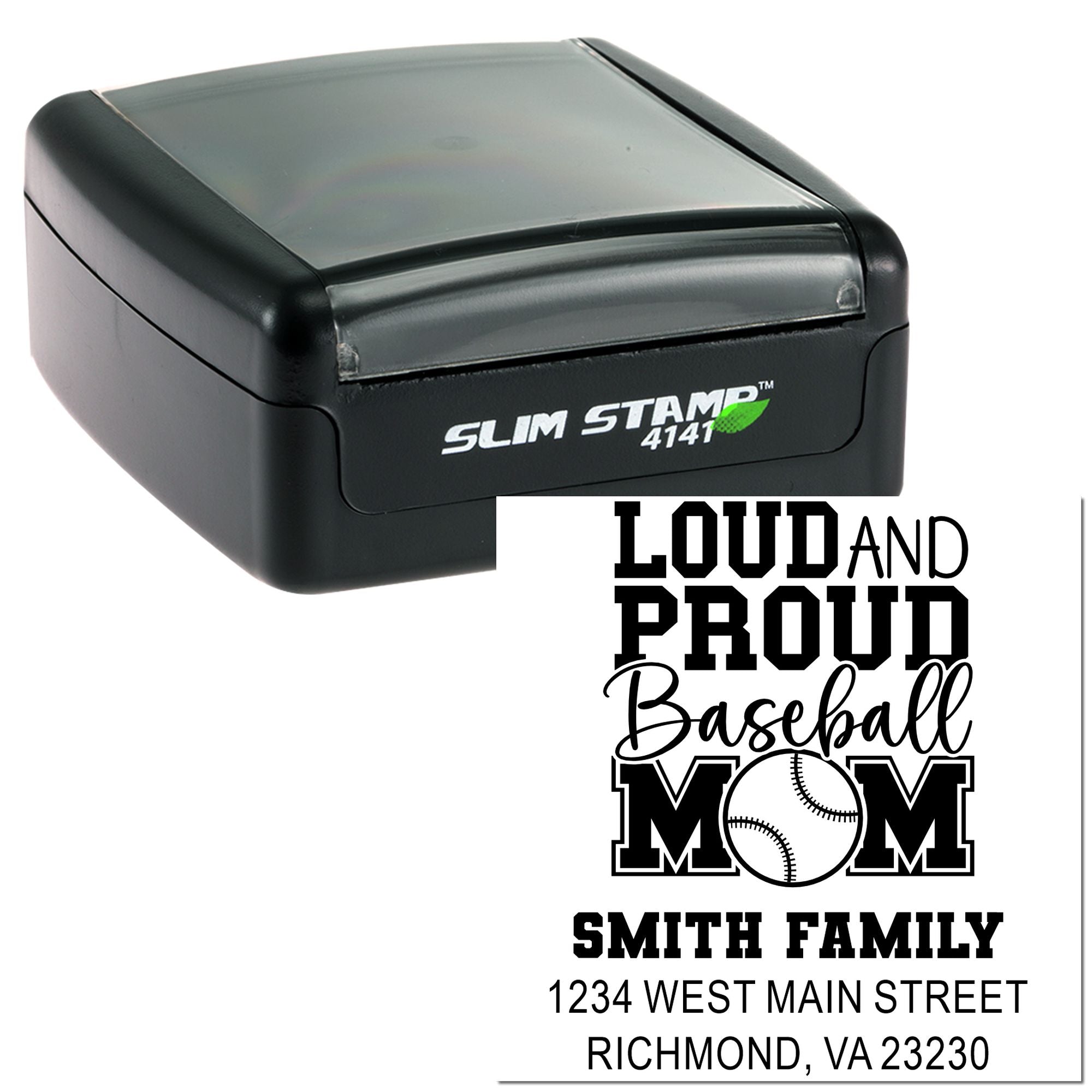 Custom self-inking rubber stamp with baseball mom design, family name, and address for personalized mailing.
