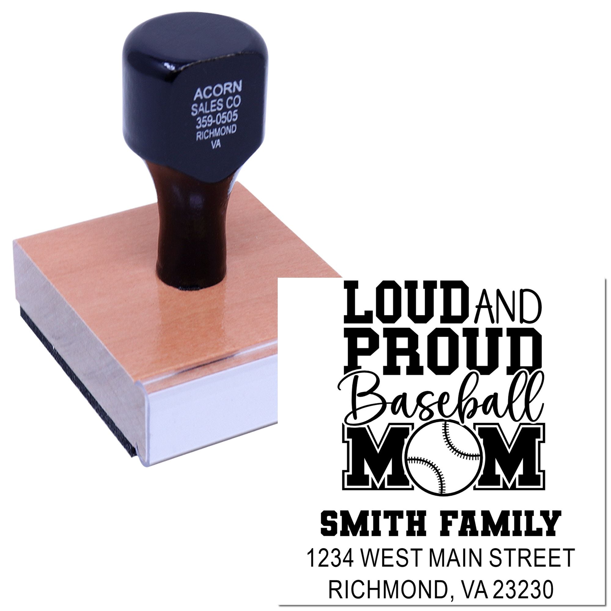 Custom baseball mom rubber stamp with family name and address for personalized mail and craft use