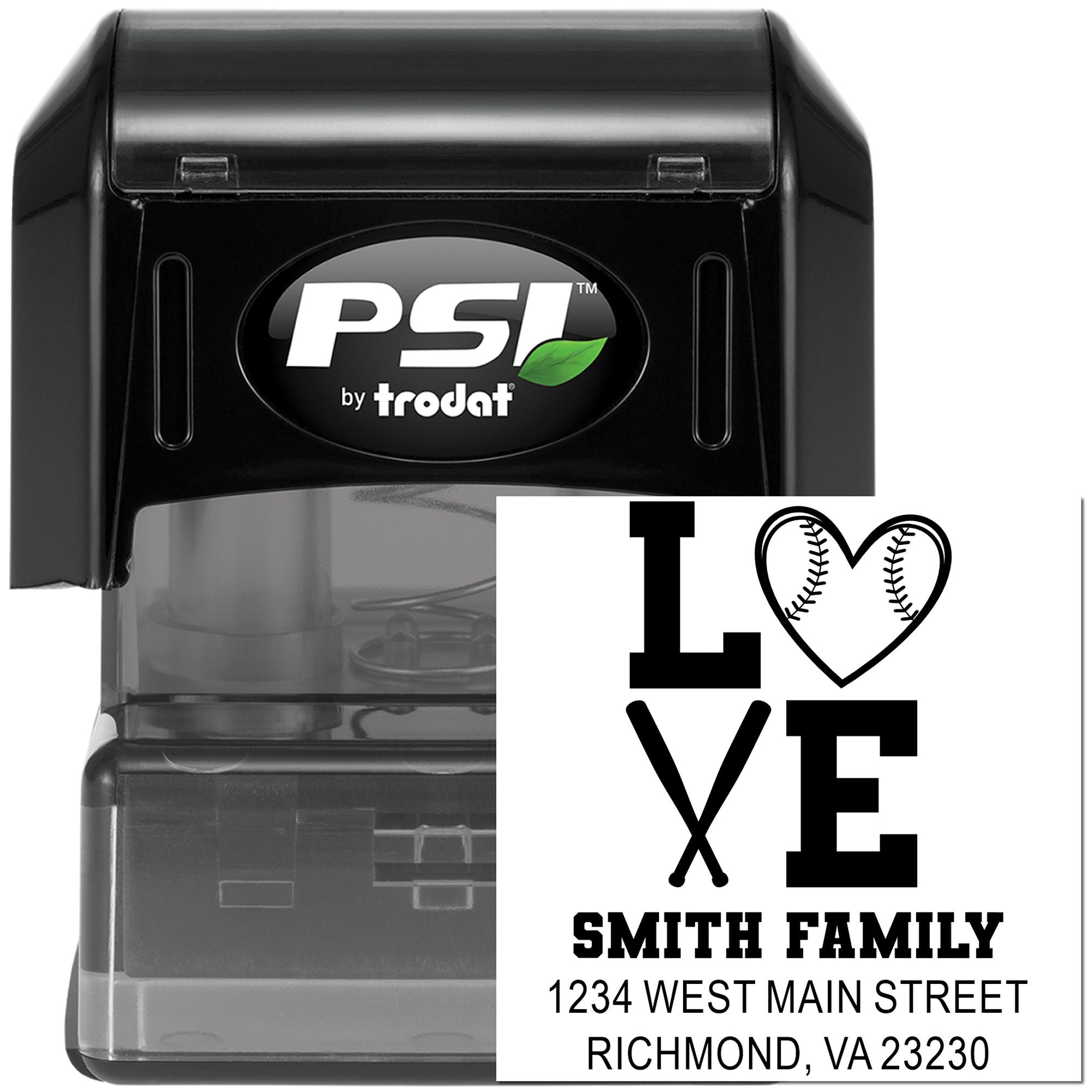 Custom self-inking rubber address stamp with baseball heart design, Smith family name, and Richmond, VA address.