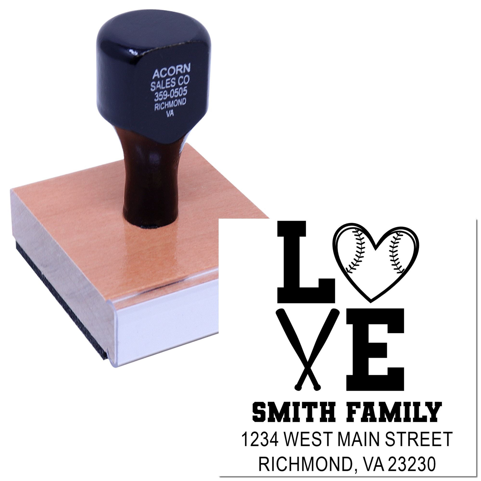 Personalized rubber address stamp with LOVE baseball family design and Smith Family Richmond, VA address imprint