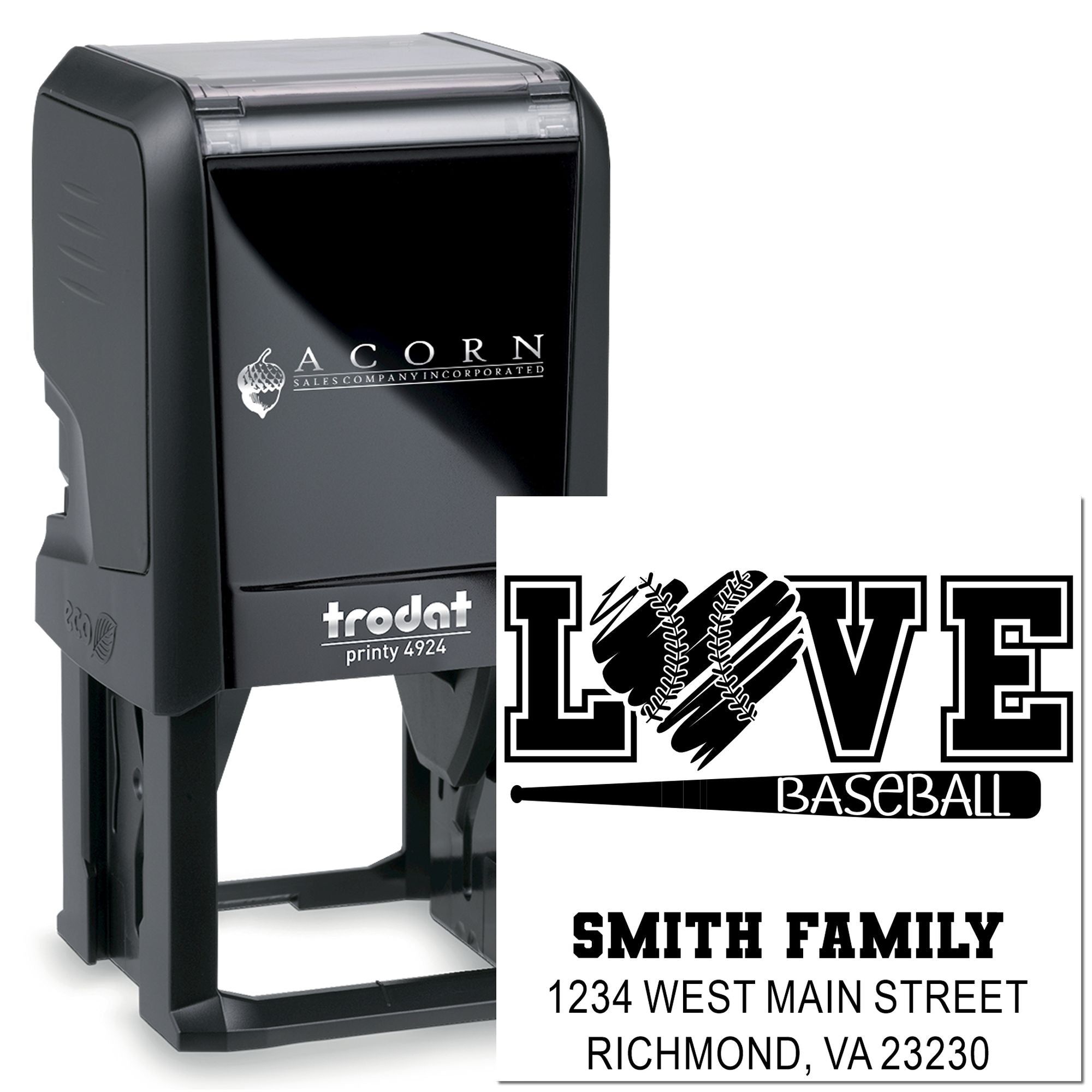 Custom self-inking rubber stamp for baseball family address labels and personalized mailings.