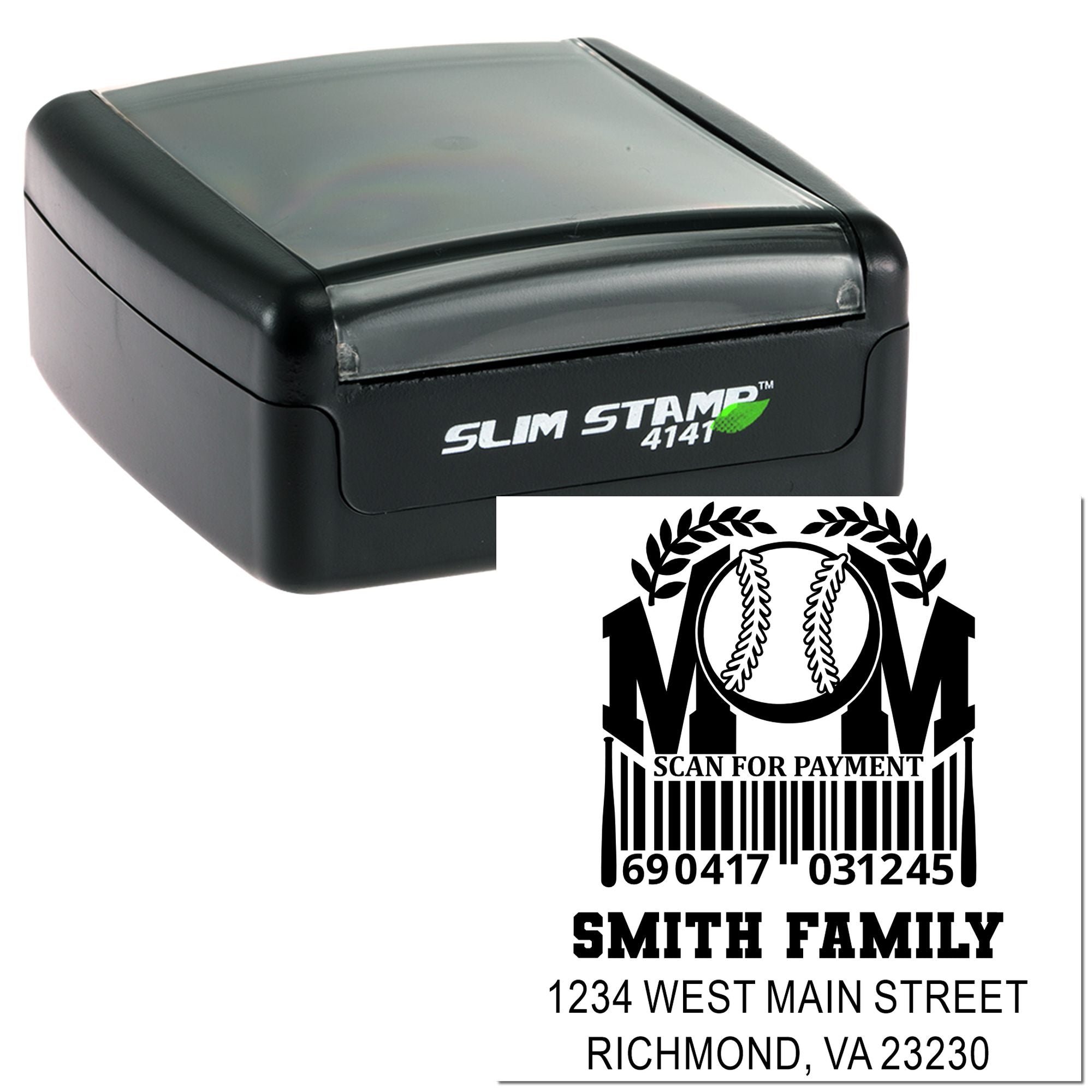Slim Stamp 4141 self-inking custom return address rubber stamp with barcode payment design for mail and family addresses
