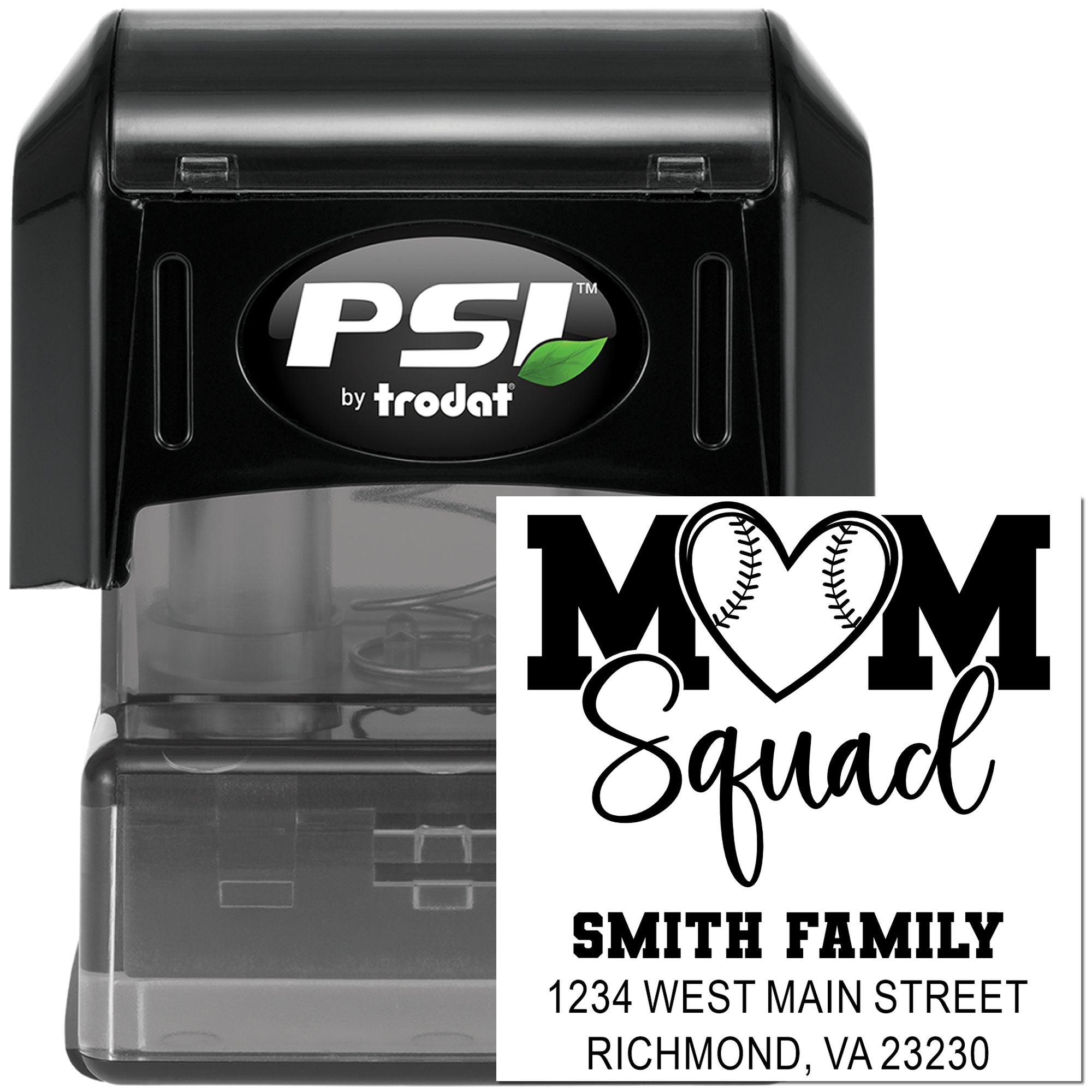 PSI by Trodat self-inking rubber stamp with custom baseball mom family address design for personalized mailings and crafts