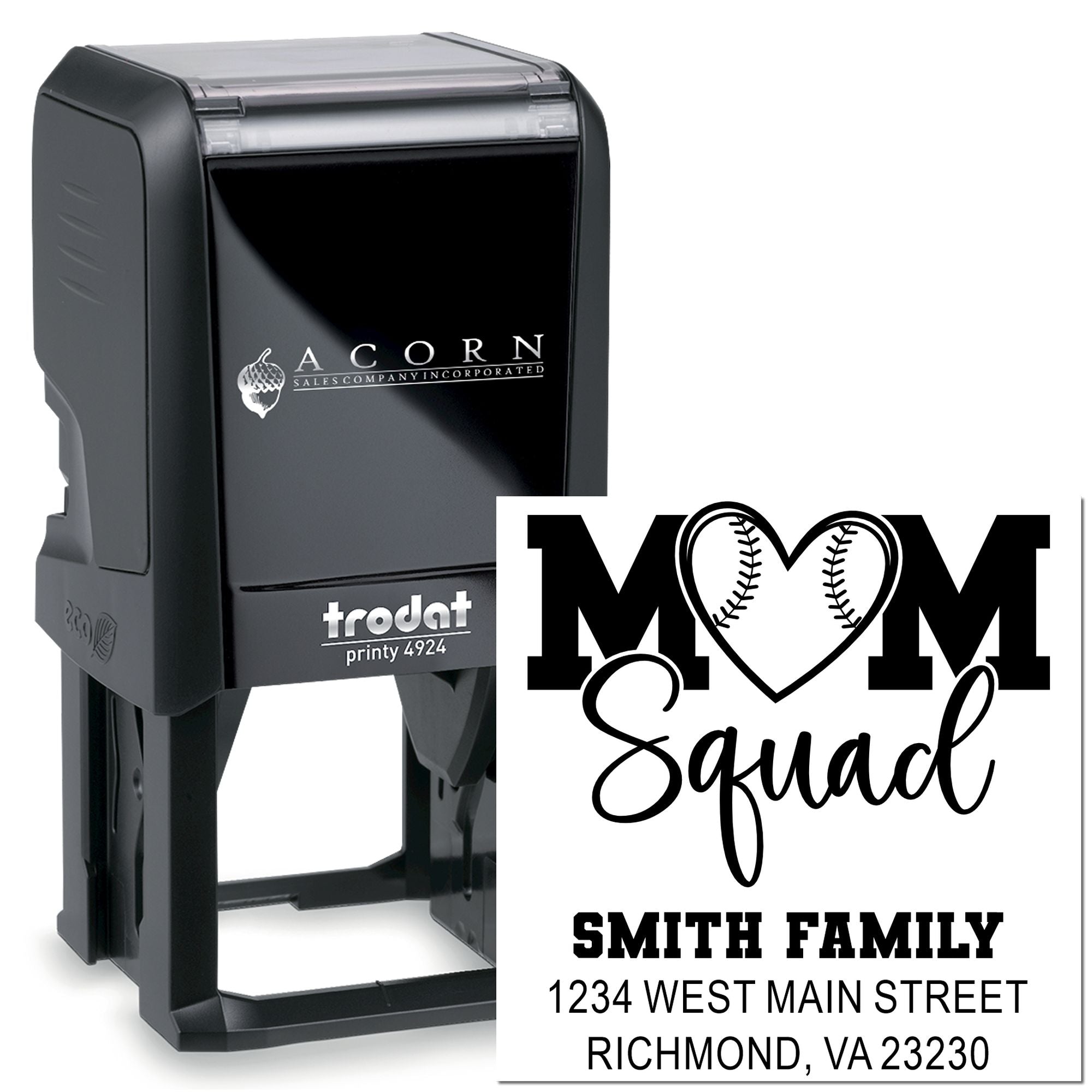 Custom self-inking rubber stamp showing a Mom Squad family address imprint for personalized return address labeling.