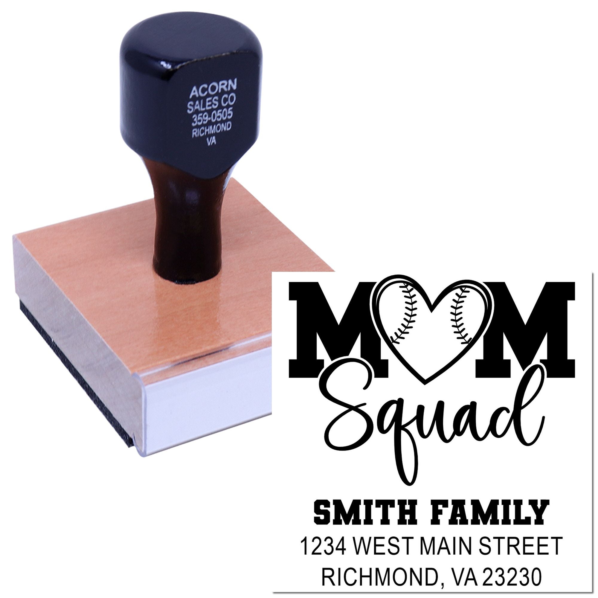 Custom rubber address stamp with Mom Squad design for Smith Family, featuring personalized return address in Richmond, VA.