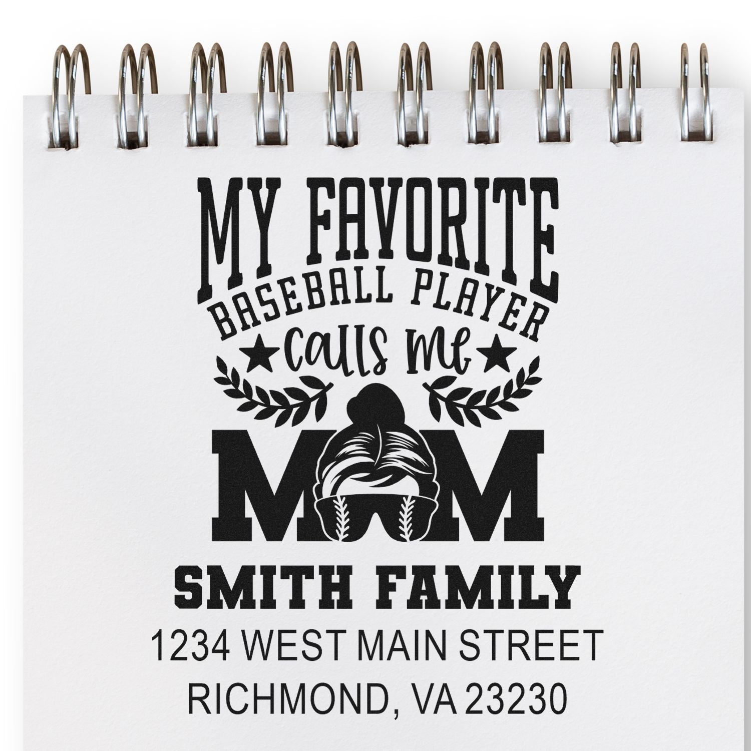Custom baseball mom rubber stamp with My Favorite Baseball Player Calls Me Mom and address for personalized stationery.