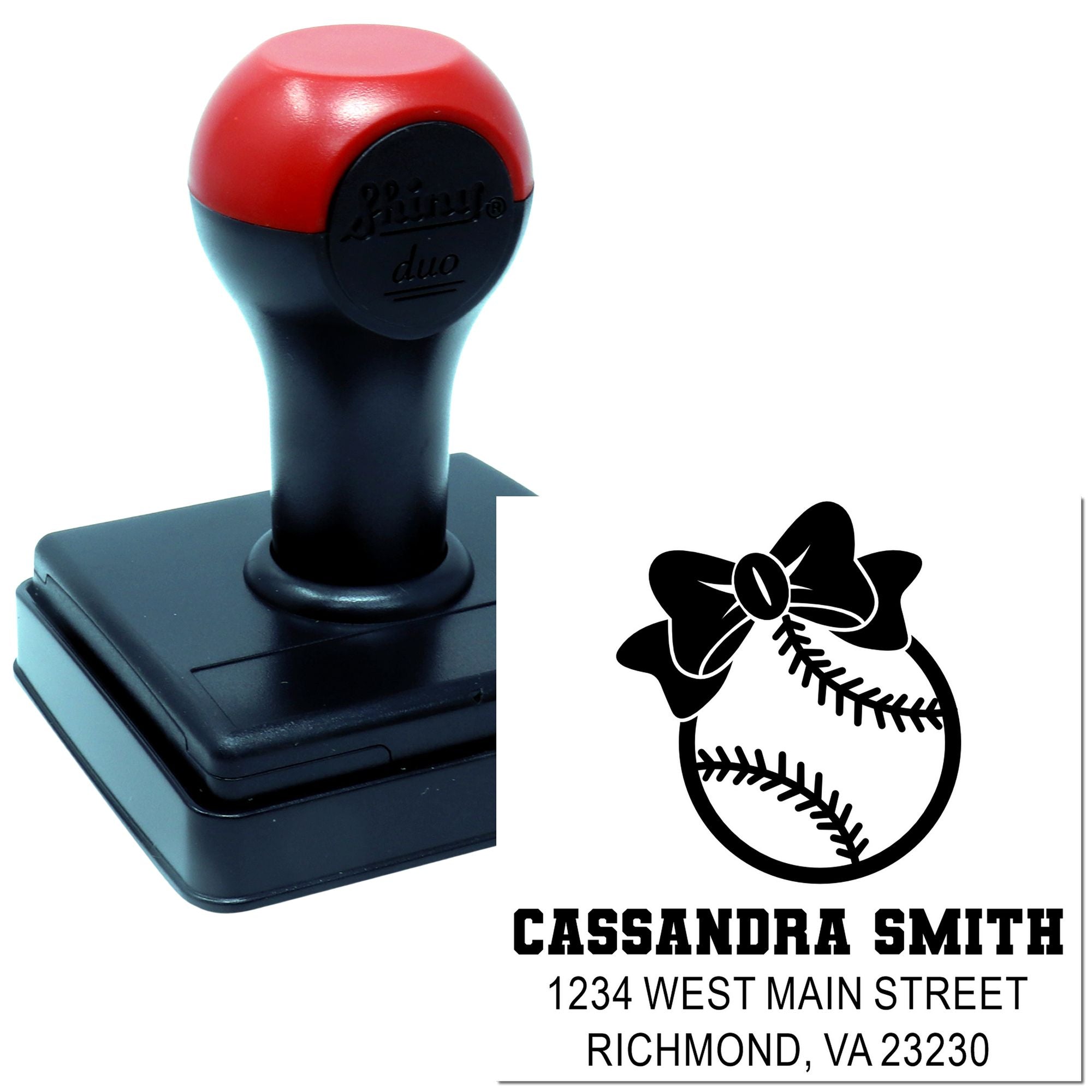 Custom self-inking rubber stamp with softball bow design and personalized name and address imprint for mailing and branding.