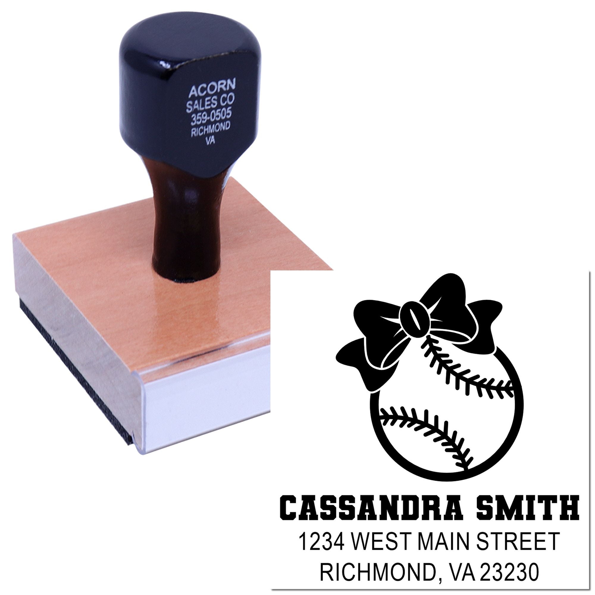 Custom baseball address rubber stamp with name and Richmond, VA return address for personalized mailings.