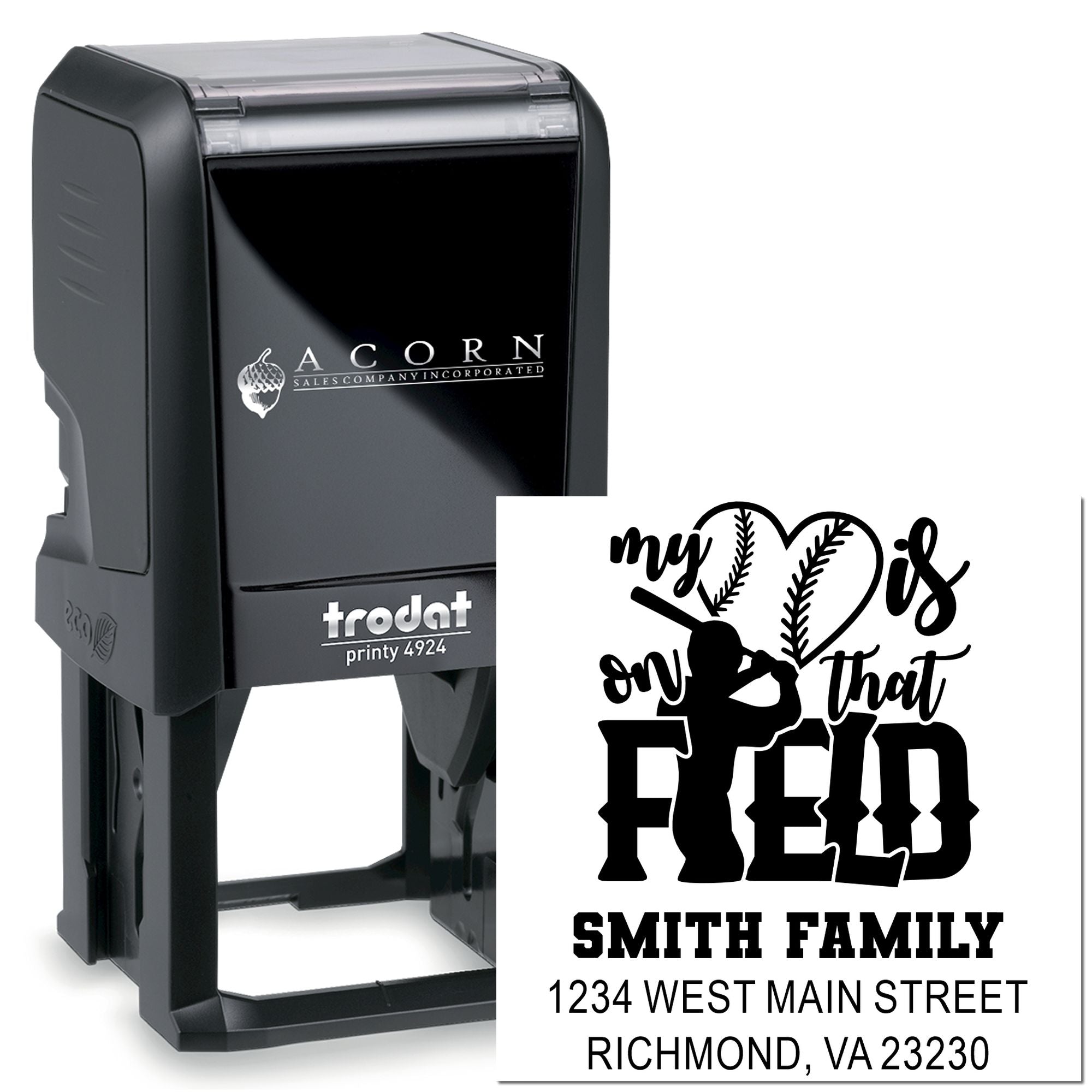 Custom Trodat self-inking rubber stamp with baseball family return address and my heart is on that field design.