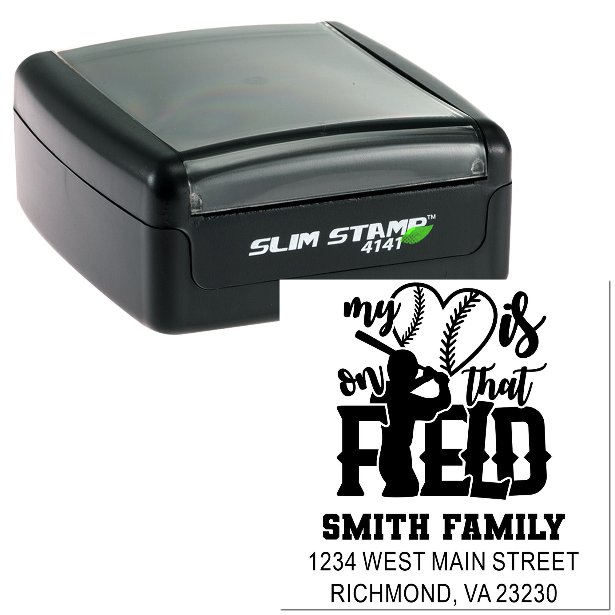 Slim self-inking custom rubber stamp with baseball family address design for personalized mailings and crafts.